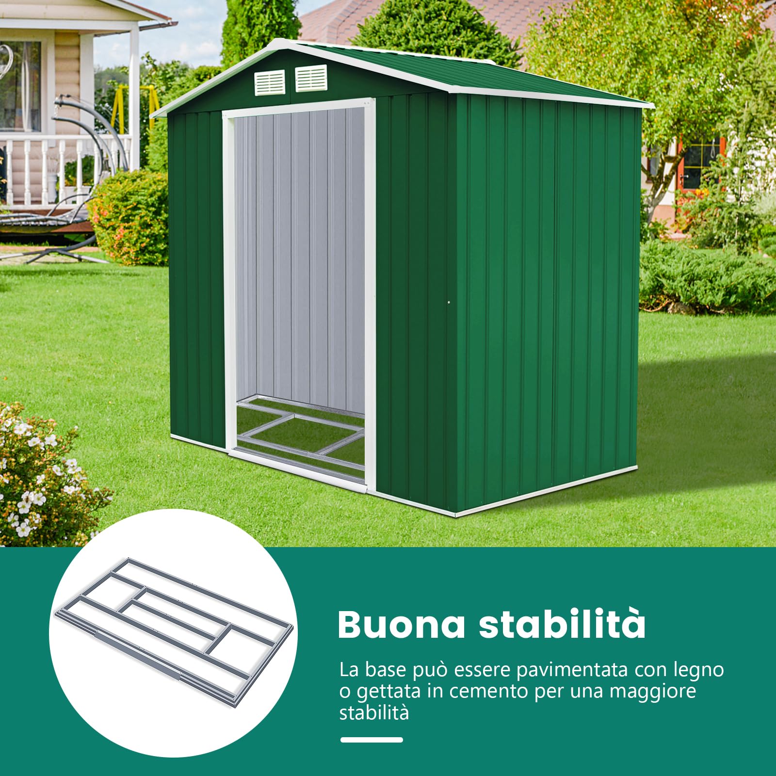 COSTWAY Casetta da Giardino 2,37㎡, Capanno da Esterno in Lamiera Zincata Resistente alle Intemperie con Base, Porte Scorrevoli, Maniglie, Sfoghi e Tettoia, 213 x 127 x 185 cm (Verde Scuro)