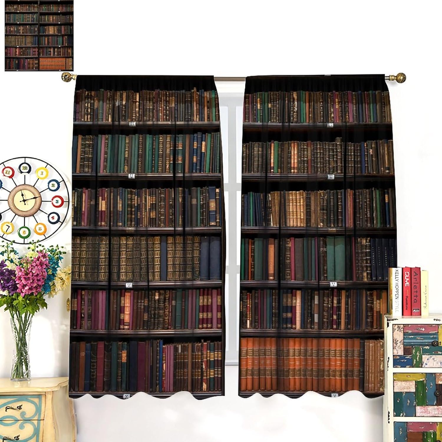 Room Darkening and Shading Curtains, Retro Bookshelf Curtains, Library Bookshelf Books Neatly Arranged Printed Curtains, Kitchen Bedroom Decoration Curtains, Living Room Curtain Set, 42x45 Inches