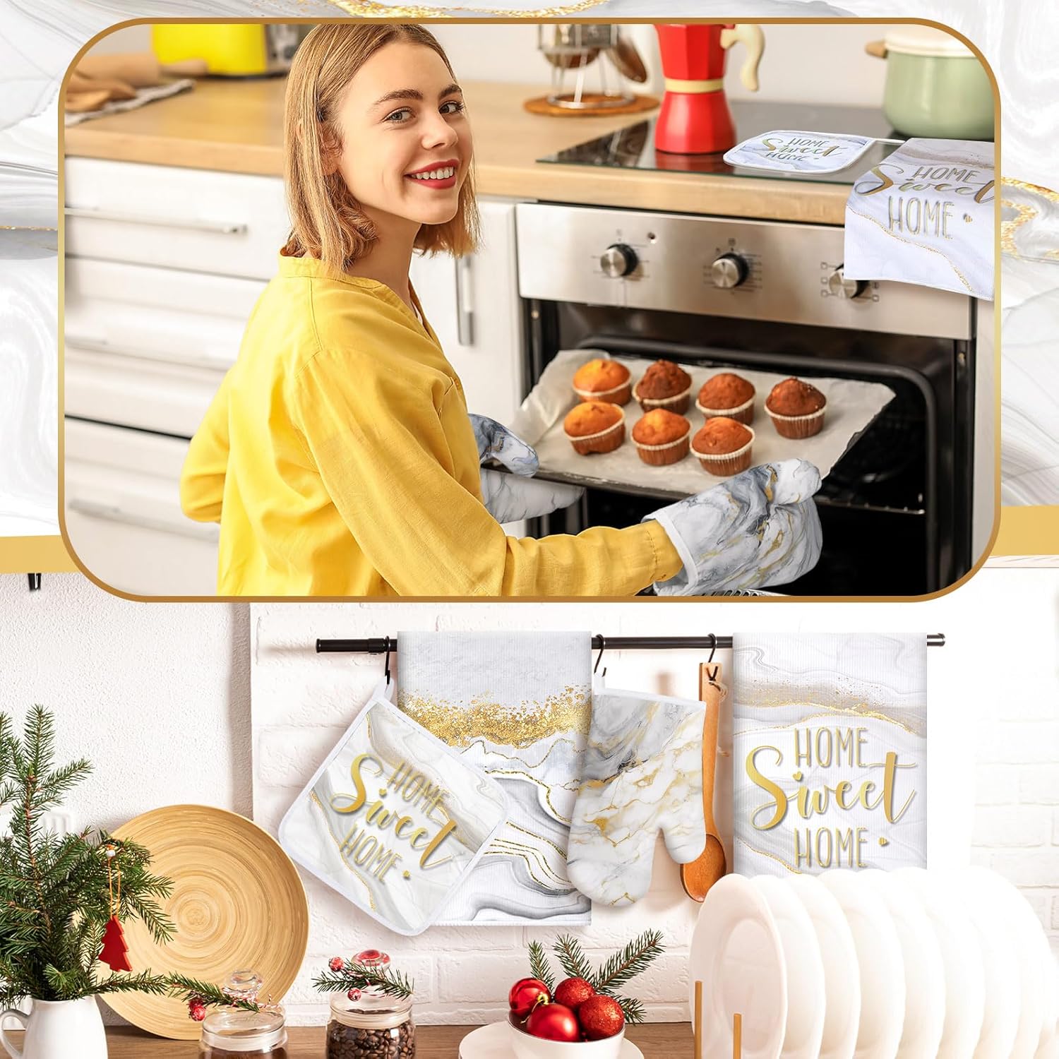 Bencailor 6 Pcs Marble Kitchen Decor Gold Pot Holders Oven Mitts 2 Dish Towels 2 Farmhouse Cooking Mittens Oven Glove and Potholder for Baking Cooking Grilling Supply Accessories(White) - Image 4