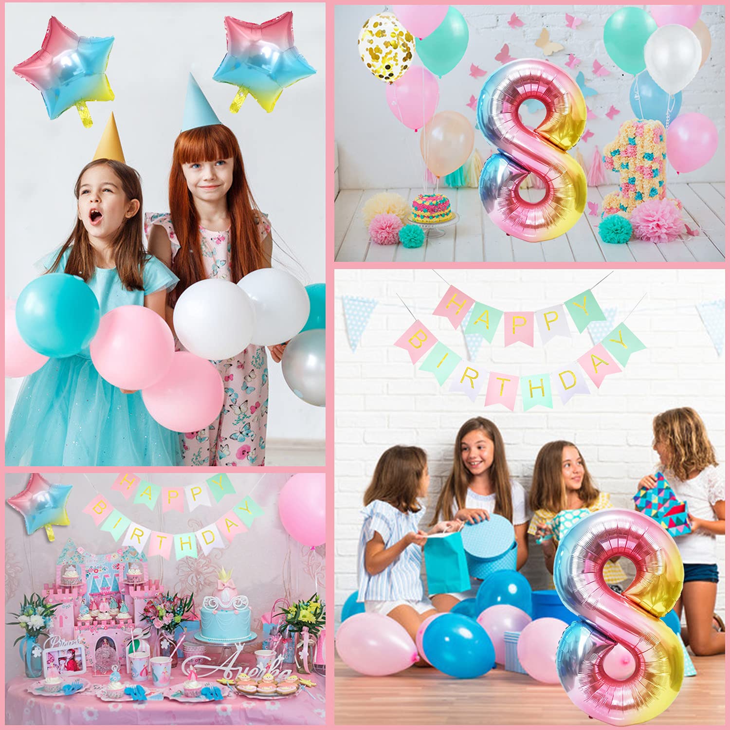 Geburtstagsdeko Für Mädchen 8 Jahre – TOLOYE Luftballon-Set Mit Großer „8“-Folie, Banner & Bändern (Regenbogen-Farbverlauf)