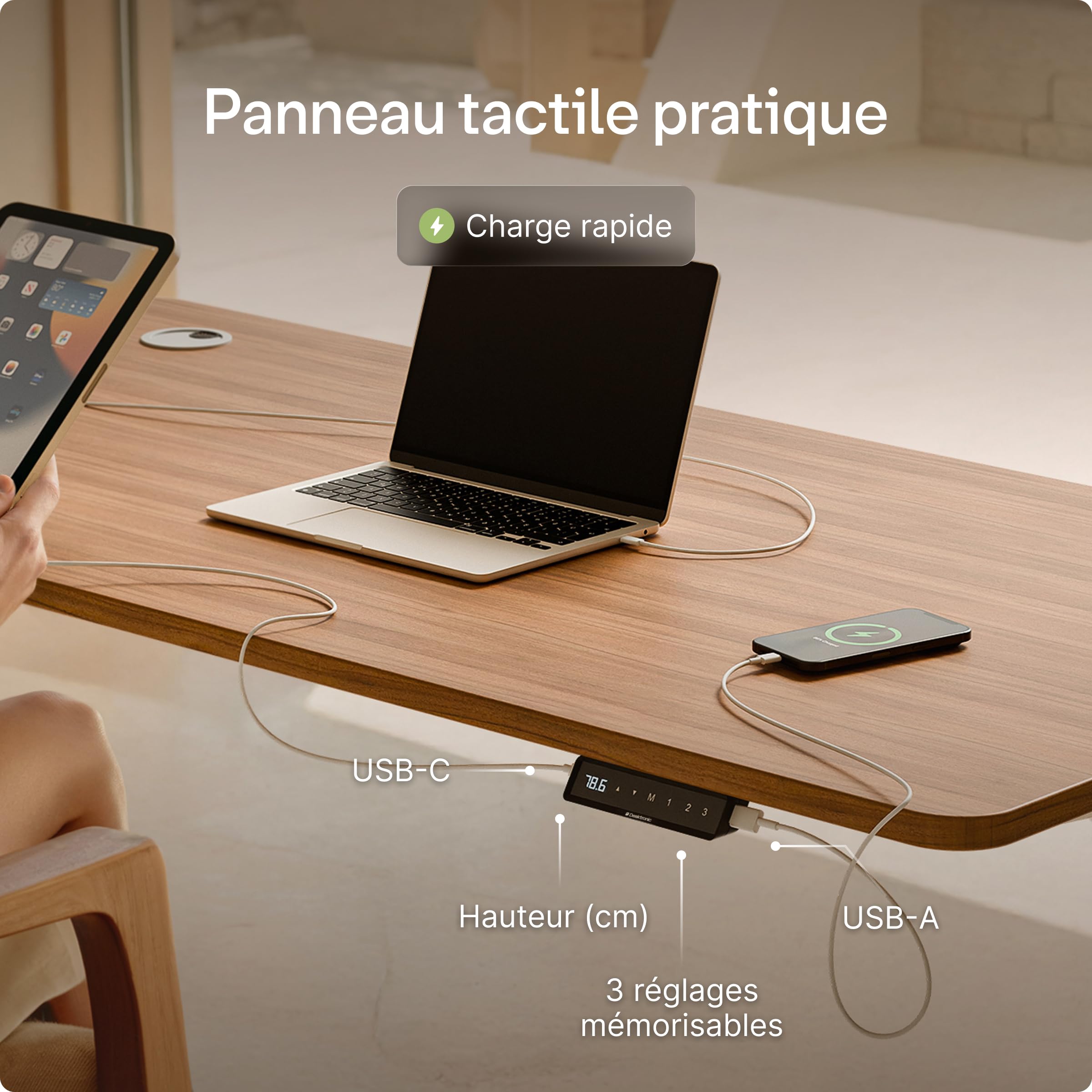 Desktronic Bureau Assis Debout Électrique 160x80 cm – Double Moteur Silencieux, Stabilité Renforcée, Réglable en Hauteur, Mémoire, USB-C HomePro