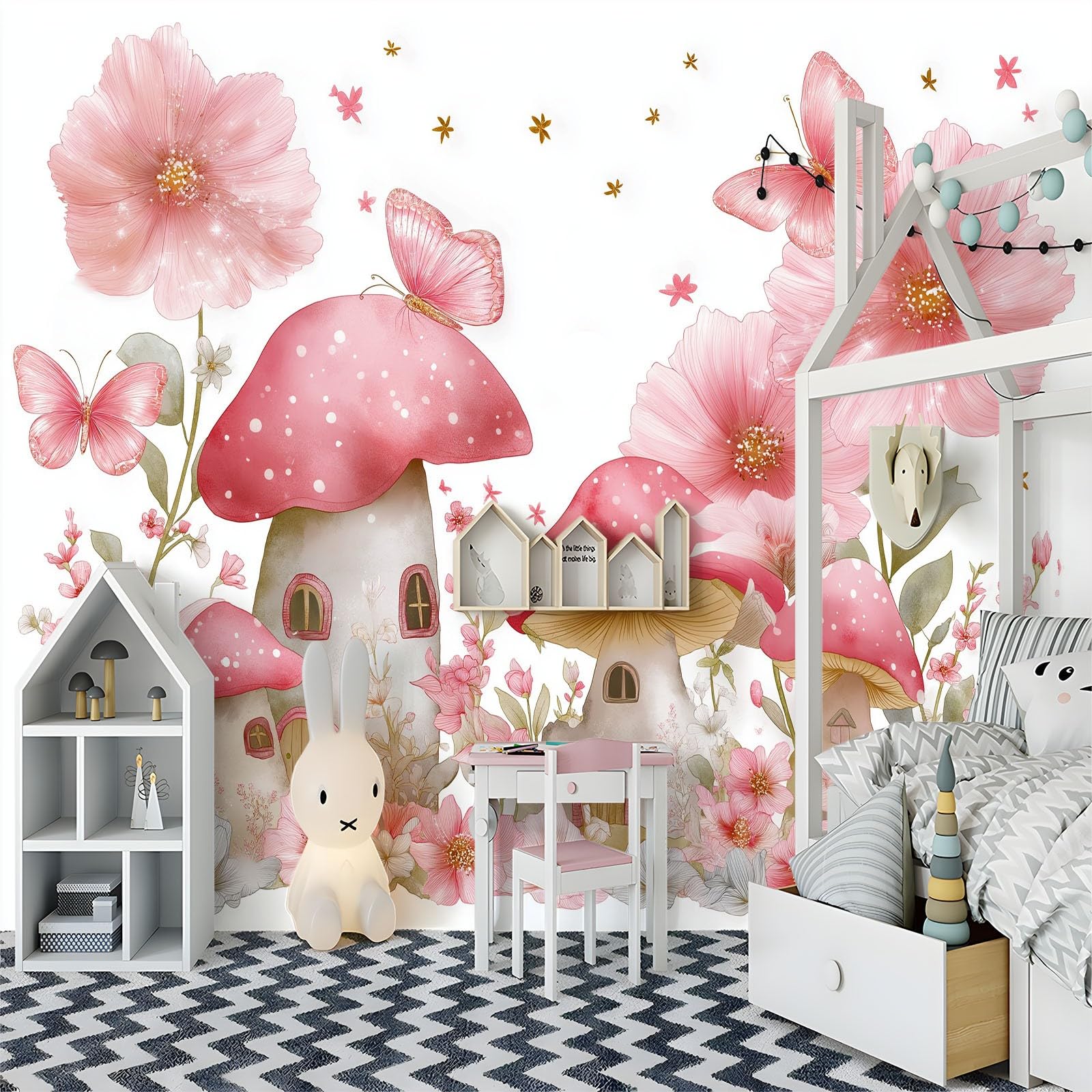 Tapeta dziecięca Kreskówka Kwiaty Mural Motyl Grzyb Domek 250 x 175 cm Włóknina Fototapety Dla Chłopca Dziewczyny-Nowoczesna Różowa Dekoracja Ścienna Do Salonu Sypialni