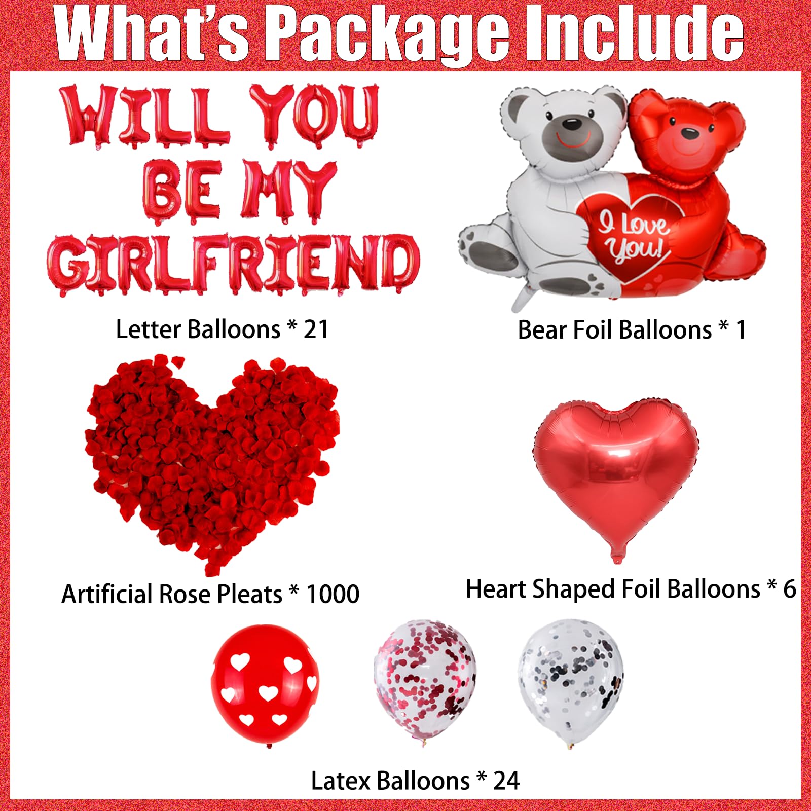 Will You Be My Girlfriend Decorations, Rose Petals, Romantic Red Letter Foil Balloons - Image 2