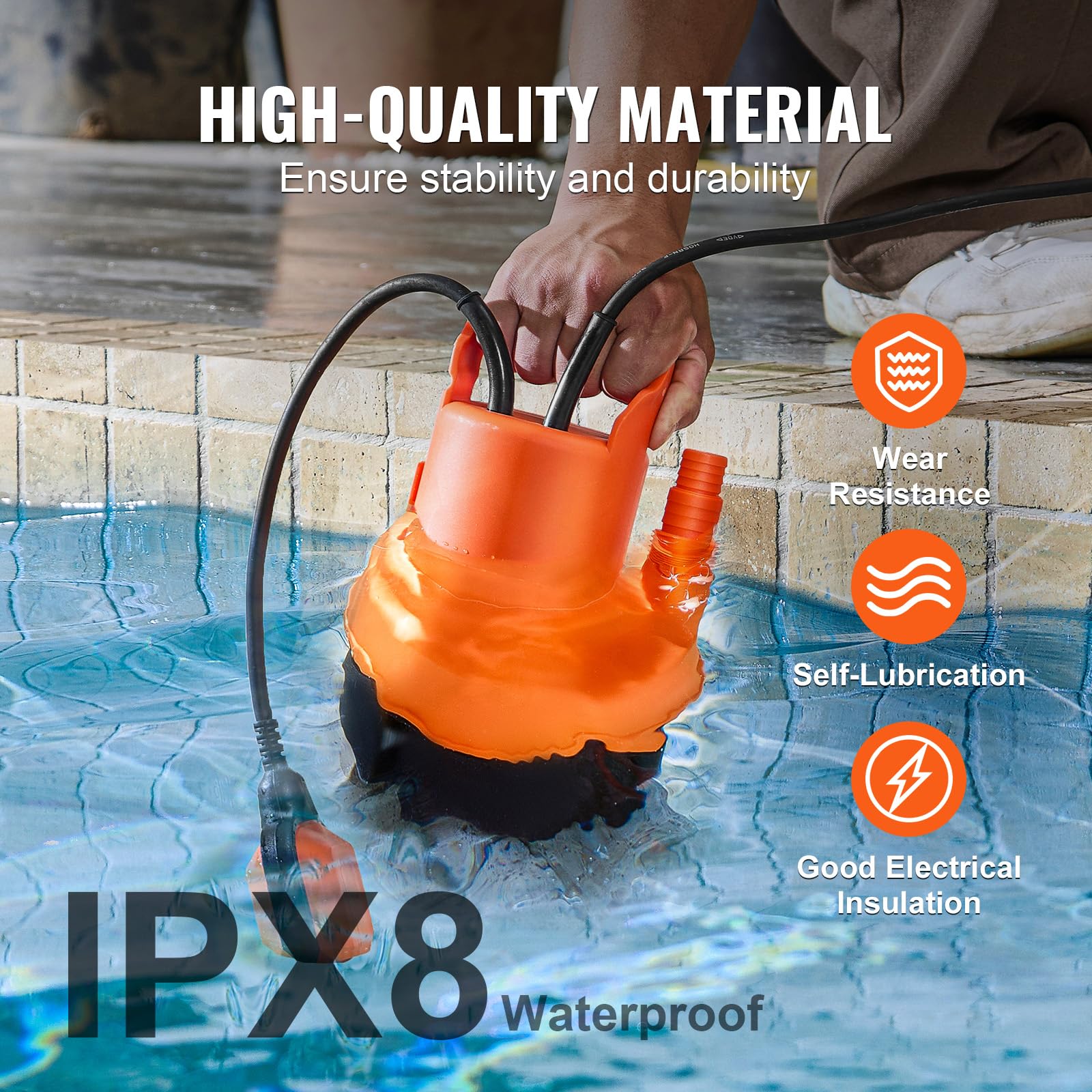 VEVOR Pompe utilitaire, 320 W, pompe à eau submersible portable, 6000 L/H de haut débit, hauteur de levage 7 m, avec cordon d'alimentation 3 m pour drainer l'eau de la piscine, du jardin, du sous-sol