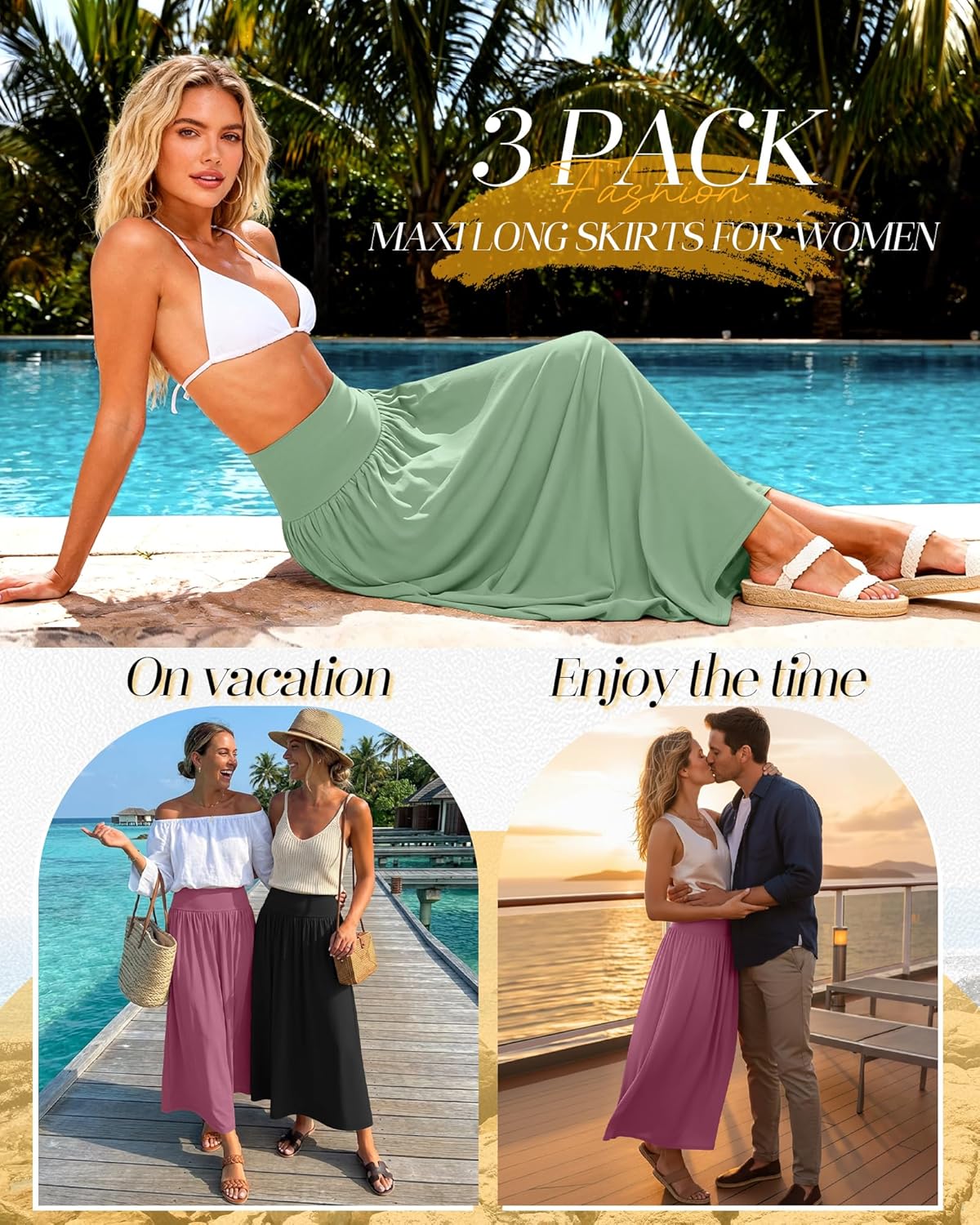 Ficerd 3 Pack Maxi Long Skirts for Women, Ankle Length High Waisted Pleated Flowy a Line Summer Casual Skirts with Pockets - Image 3