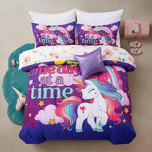 Aimuan Juego de edredón de unicornio para niñas, juego de ropa de cama de 6 piezas rosa y morado con arco iris, estrella, galaxia, estrellas,