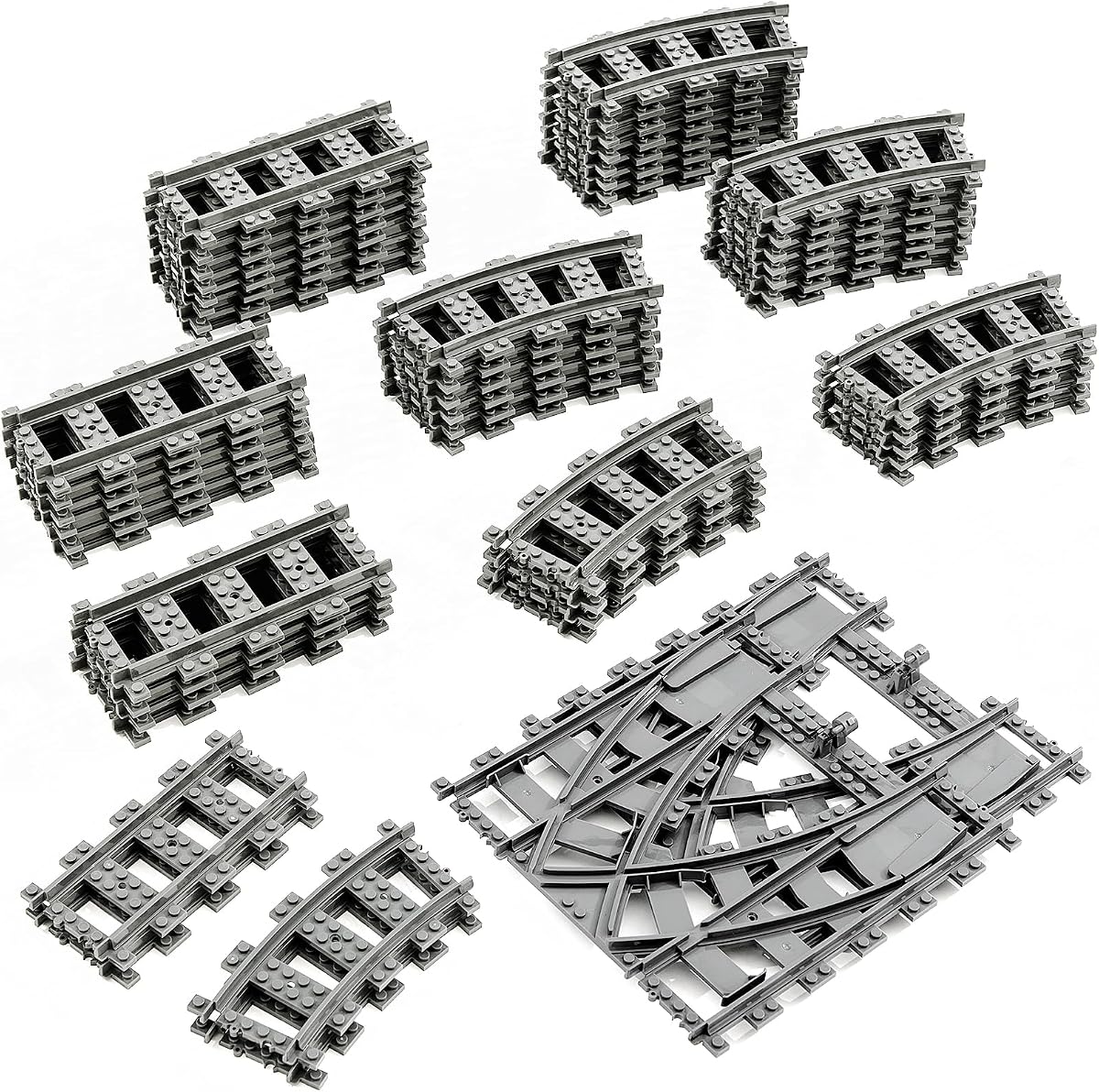 54Pcs Train Track, Railroad Track Expansion Compatible with All Major Brand | School/DIY/Gift&Present for kids/Moc Accessoires and Pieces/Creative/2 Switch&32 Curved&20 Straight Tracks/Fit/Stackable