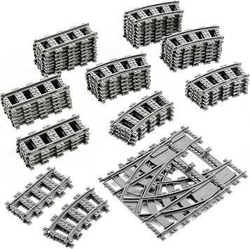 Mannidoo Classic City Train Tracks, 54 Piece Railway Tracks, 32 Curved Tracks, 20 Straight and 2 Switch Train Tracks, Train Extension Accessories Compatible with Lego Train Track Sets