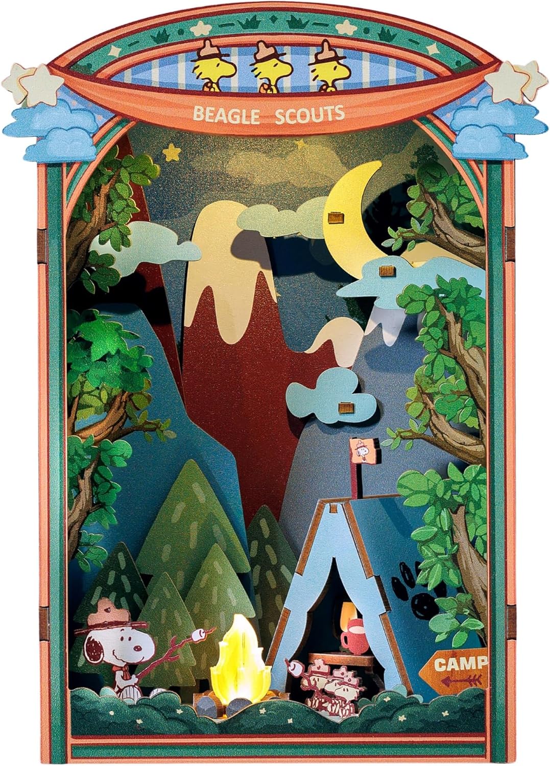 Hands Craft DIY Miniature Kit Book Nook - Snoopy's Beagle Scouts Camp Scene | Detailed Light-Up Character Diorama Craft | Charming Puzzle Kit | Shelf Decor | Gift for Snoopy & Peanuts Fans