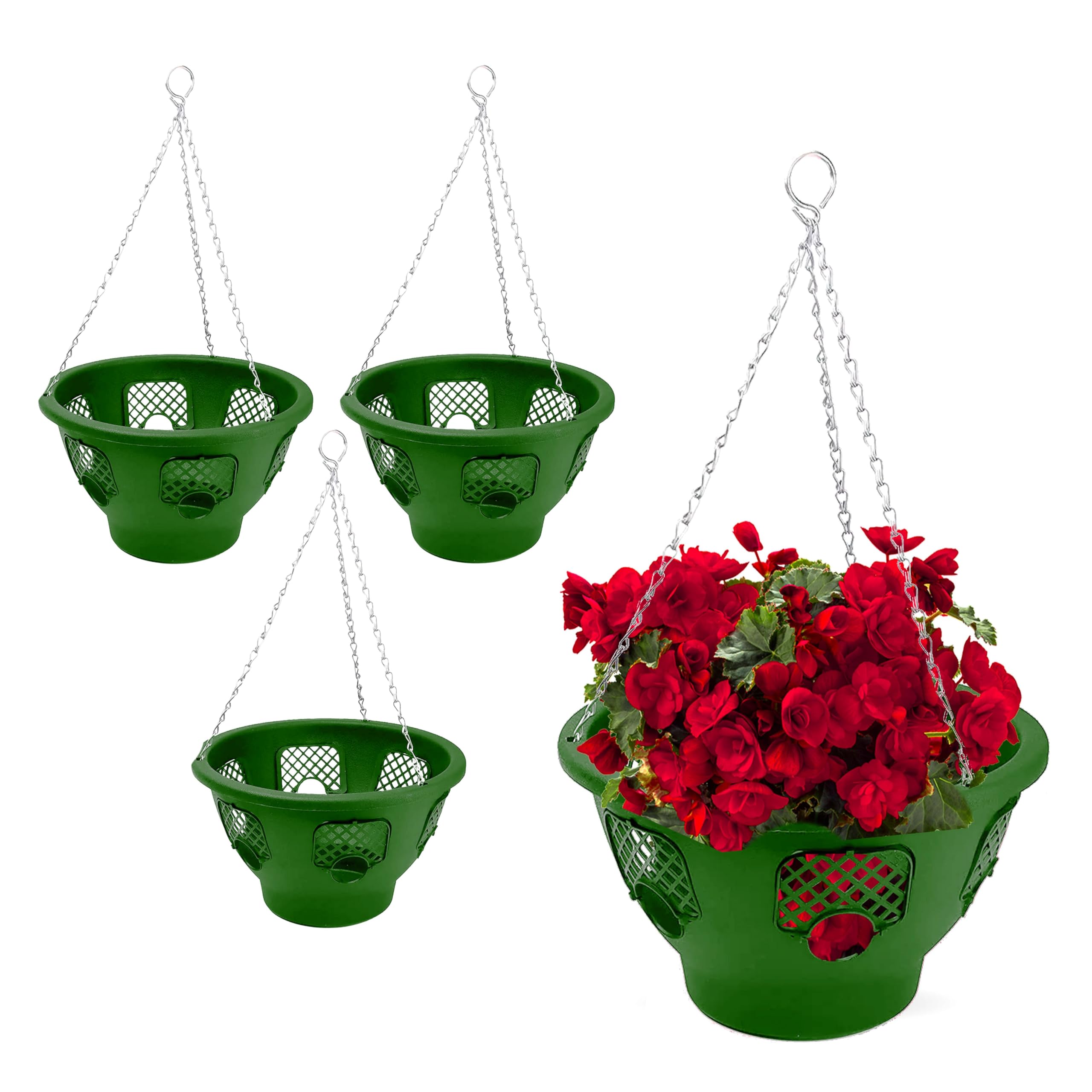 ADEPTNA Set of 4 Green Plastic Hanging Basket - Hanging Plant Pots - 12 Inches Hanging Planters for Garden Balcony, Herb, Flowers, or Plants (SET OF 4)