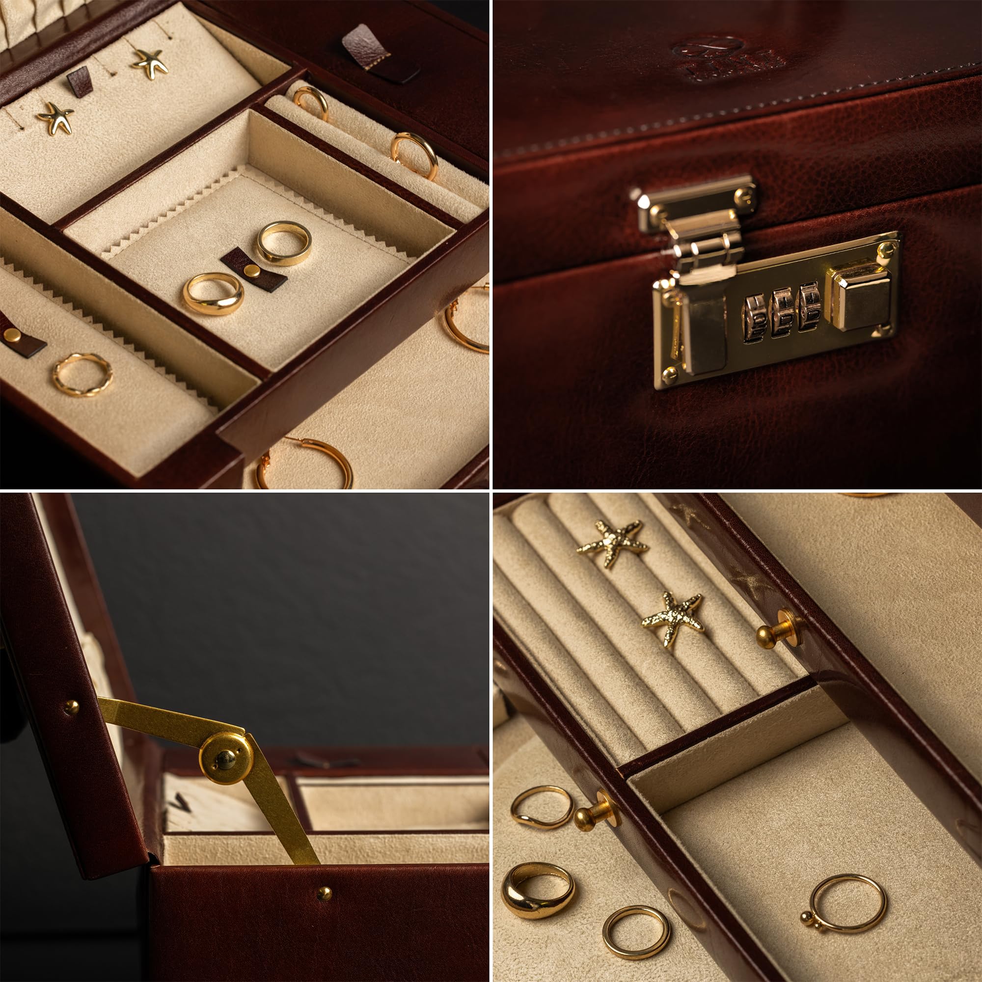 Time Resistance Braun Leder-Schmuckkästchen Vollnarbenleder Schmuck Organizer Aufbewahrung von Accessoires Schließfach mit Schlüssel Fashion