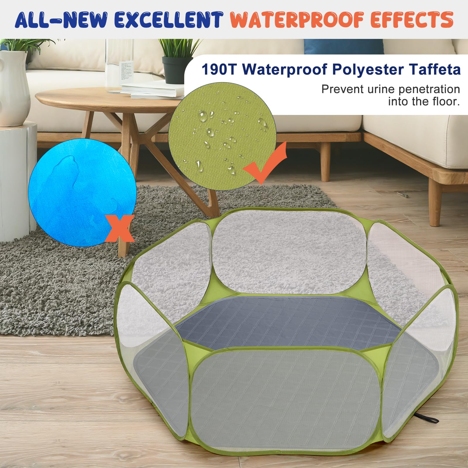 Pawaboo Kleintier-Laufstall mit Kissen, Wasserdichtes Kleintierkäfig-Zelt mit Wiederverwendbarem Kissen, Tragbarer Gartenzaun für Küken/Kätzchen/Welpen/Riesenschwein/Kaninchen/Chinchillas, Grün + Grau