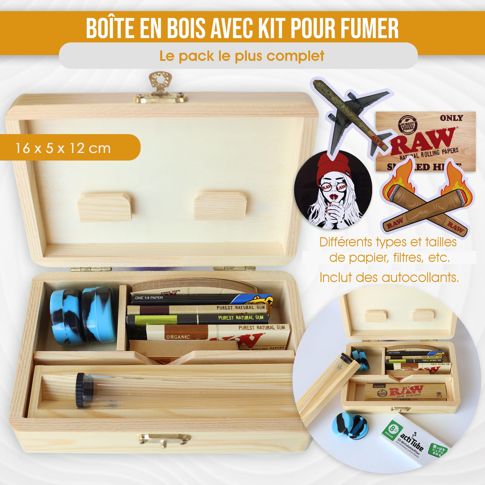 Boîte en bois pour le stockage 16 x 12 x 5 – Kit pour fumeurs + Accessoires pour cigarettes : Papier à rouler Raw + Bulldog + Actitube + Wax + 4 x autocollant