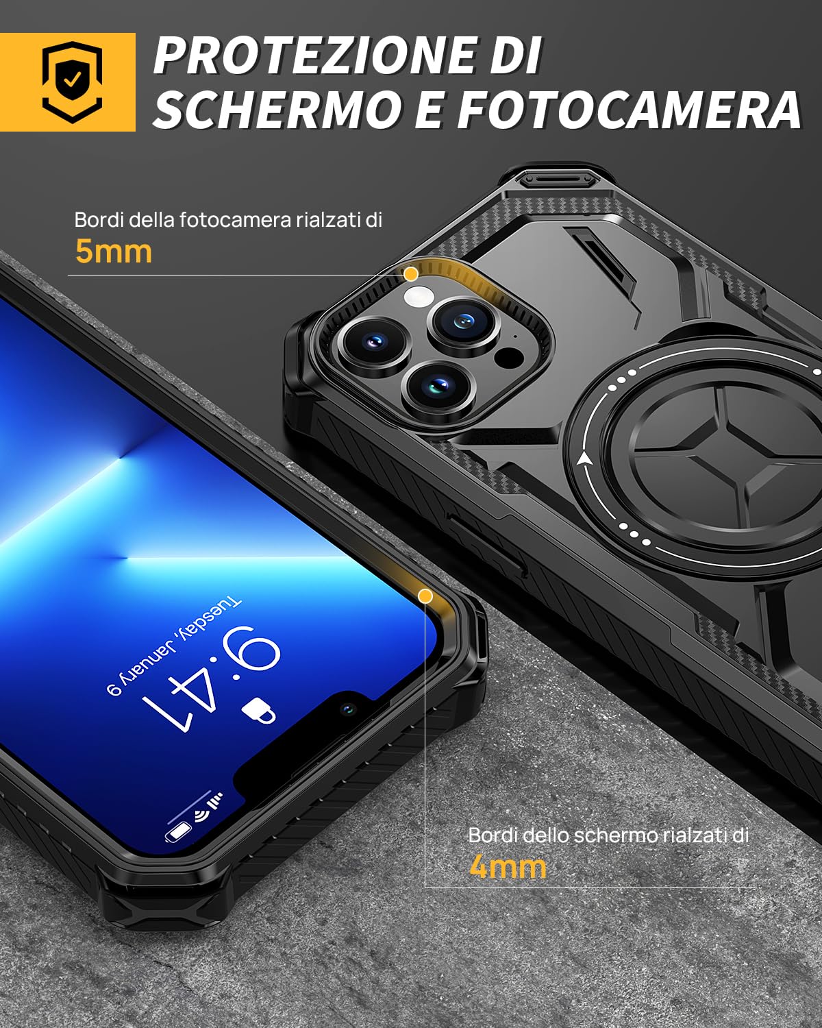 Lanhiem Cover iPhone 13 PRO con 2 Pezzi Vetro Temperato, Supporto Magnetico Anello a 360° Protezione 6FT Antiurto Anticaduta Militare Armor Protezione, Custodia iPhone 13 PRO, Nero