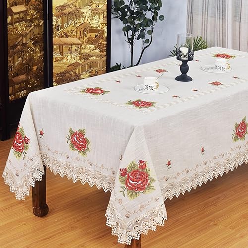 Miniatura 3 de LIN TONG Mantel rectangular, mantel de encaje bordado con flor, bordado elegante patrón floral para cocina, comedor, fiesta, decoración del hogar