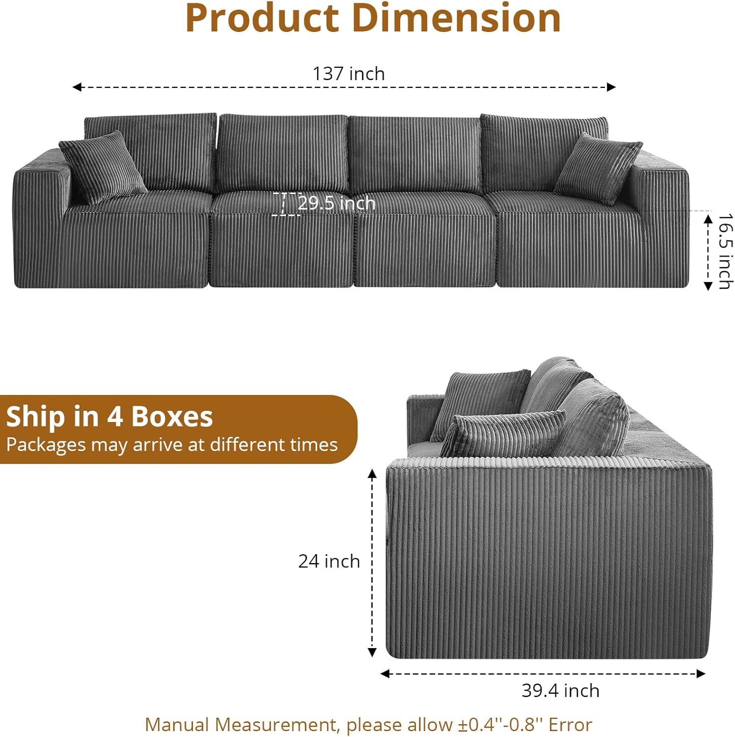 137” Modular Sectional Sofa, Linear Cloud Foam Sectional Couch with Throw Pillows/Plush Corduroy Fabric, No Assembly Required, Space-Saving, Boneless Compression Sleeper Sofa for Living Room(4 Seats