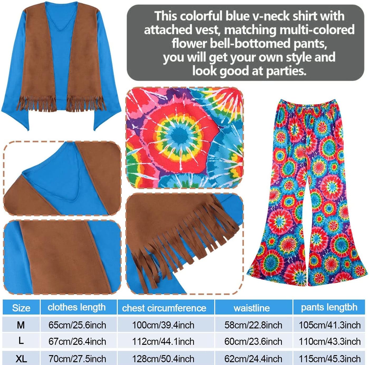 Halloween Hippie Costume Men 60s 70s Hippie Set Pants Shirt Fringe Vest Sunglasses Necklace Rasta Hat Dreadlocks - Image 6