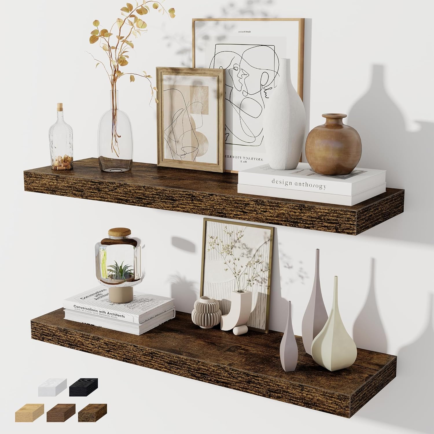 Floating Shelves for Wall, 32W x 8D Floating Wall Shelves with Invisible Brackets Set of 2, Hanging Rustic Wood Shelf Decoration for Bedroom, Bathroom, Living Room and Kitchen, Rustic Brown Rustic Brown 31.5 Inch, Set of 2