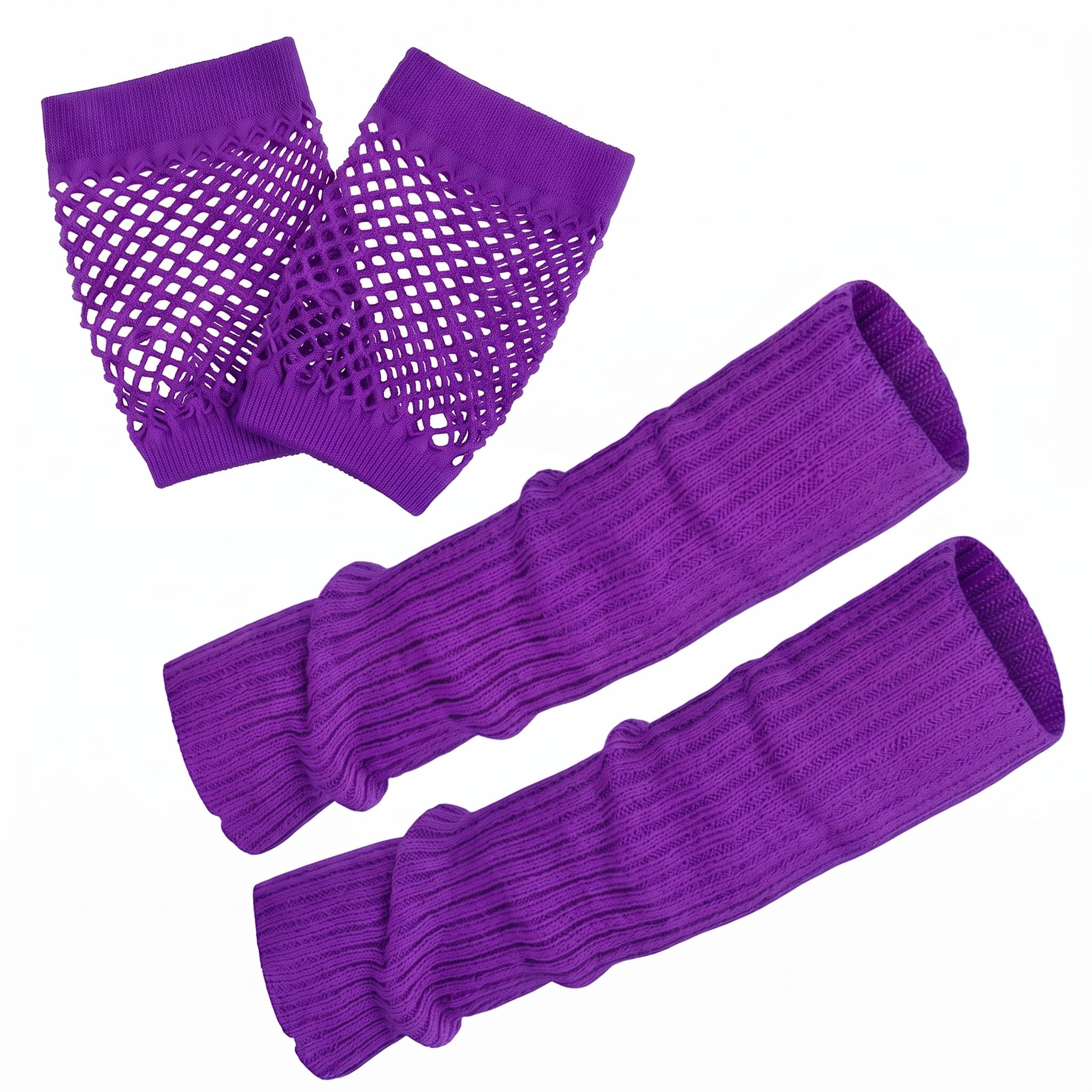 Neon Purple Leg Warmers 80s for Women,80's Costume Neon Accessories Fancy Dress Set,1980s Retro Leg Warmer Mesh Fishnet Gloves Neon Party Outfit,Disco Theme Stretchy Legwarmer Costumes for Girls Kids