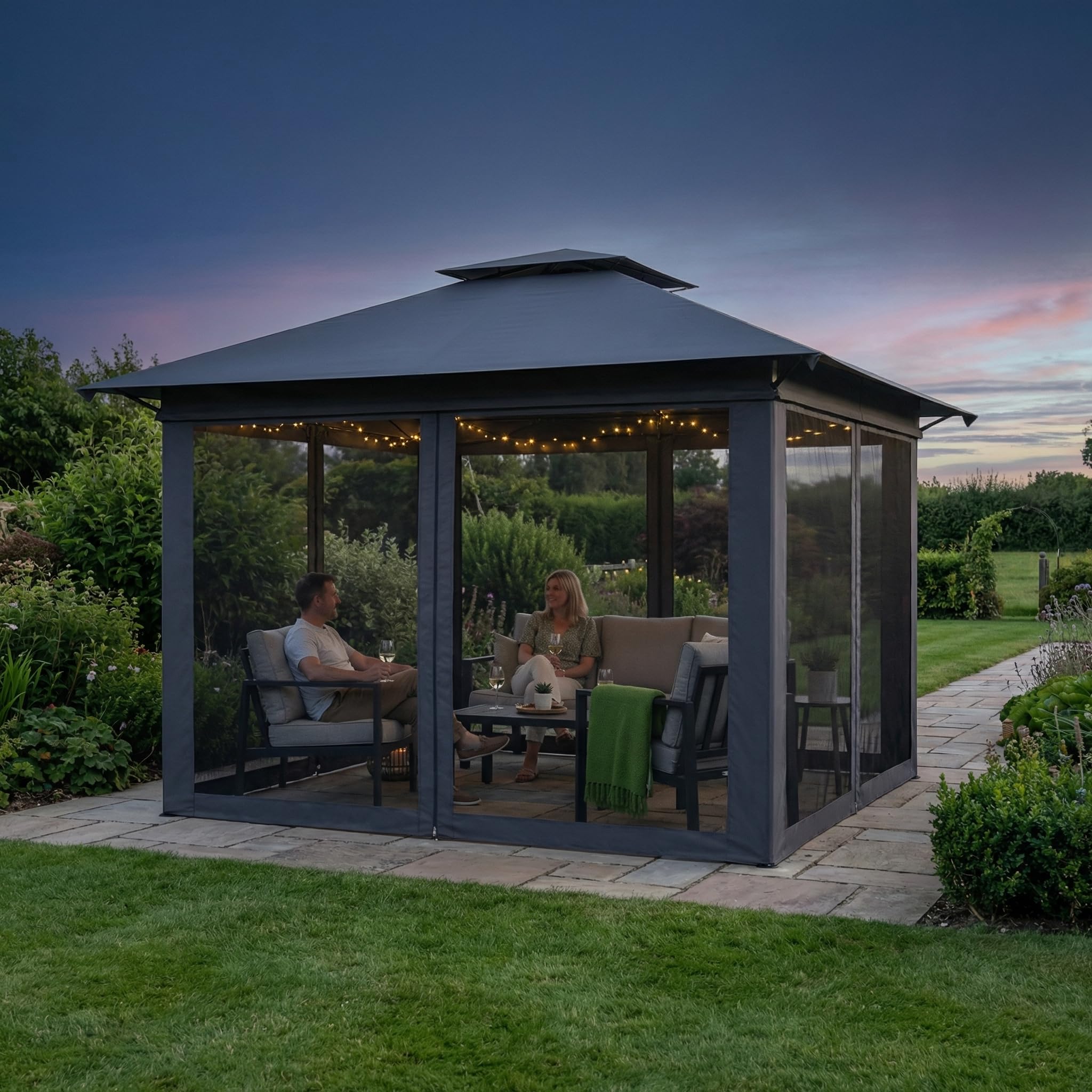 3x3m Gartenpavillon, Pop-up Gartenlauben mit 4x4m Doppeldach & 4 Moskitonetzen & Tragetasche mit Rollen, 3-Stufen Höhenverstellbar Faltpavillon für Garten Grillpartys (Anthrazit)