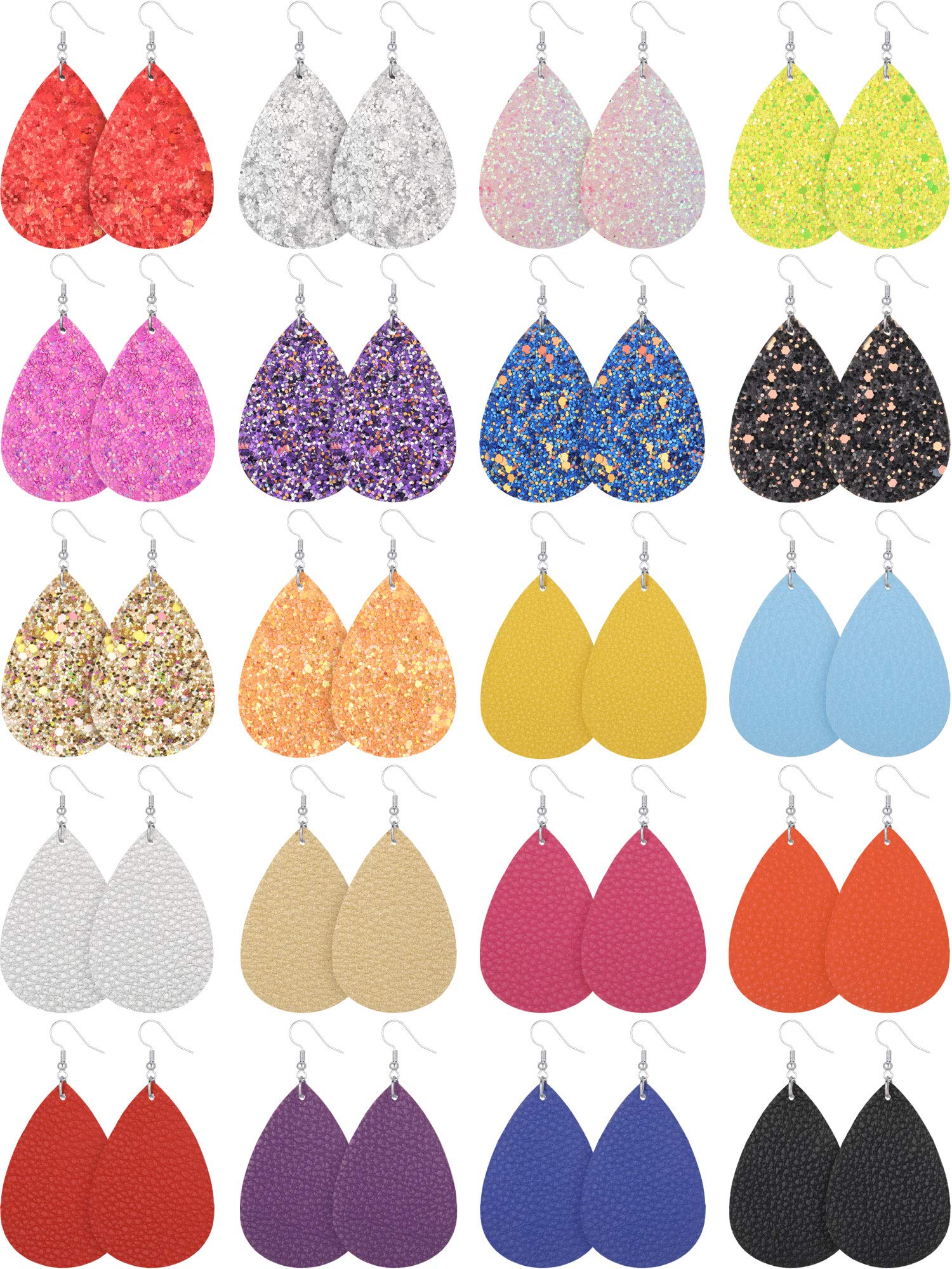 Hicarer 20 Pairs Christmas Glitter Teardrop Earrings Bulk Colorful Faux Leather Dangle Earrings for Women Birthday Gift Fashion Jewelry