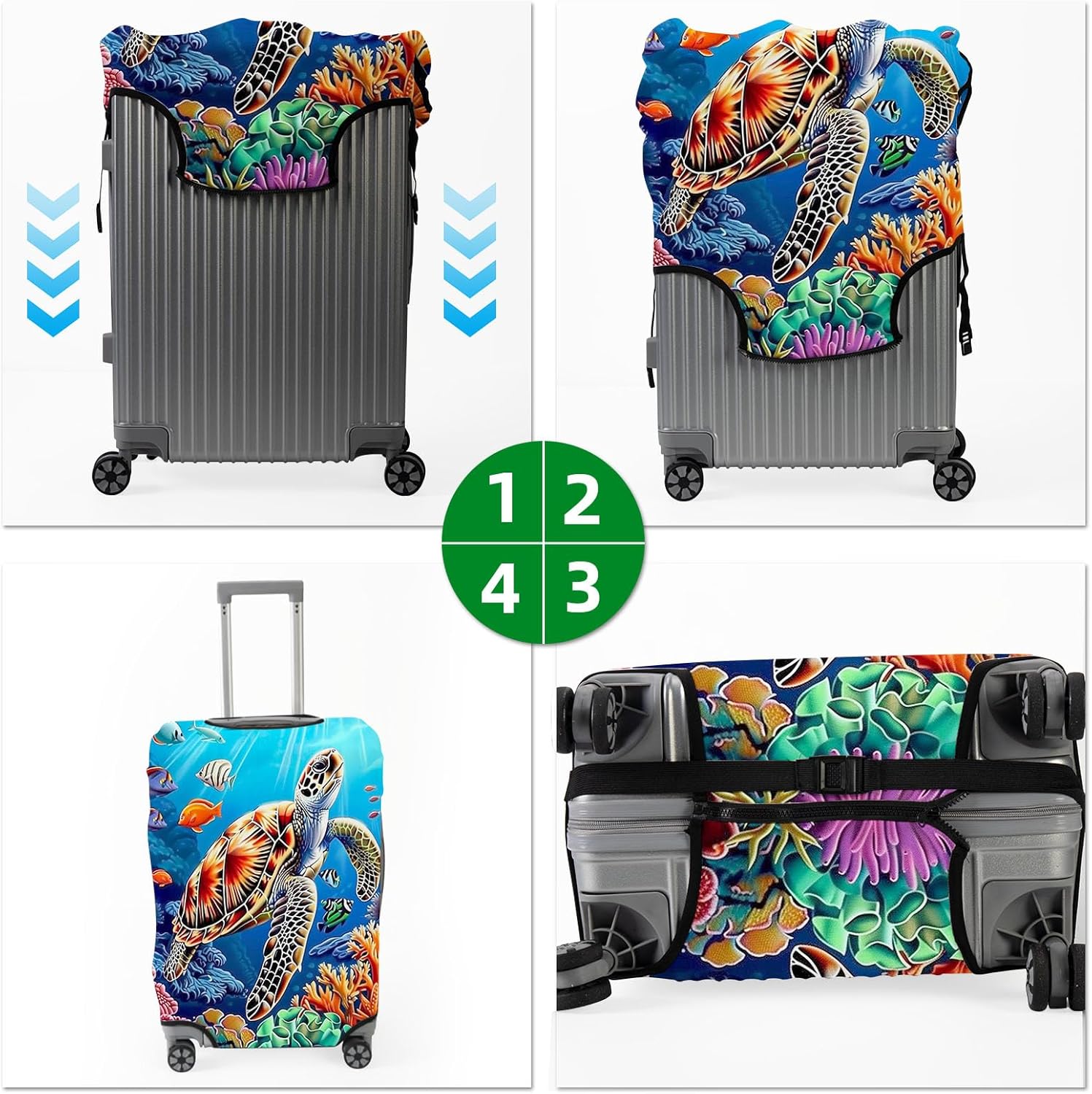 Elastic Suitcase Covers for Luggage, Sea Turtle Swimming Washable Waterproof Dustproof Luggage Cover with Adjustable Straps & Cute Baggage Tag (L, Fits 26/27/ 28 Inches)