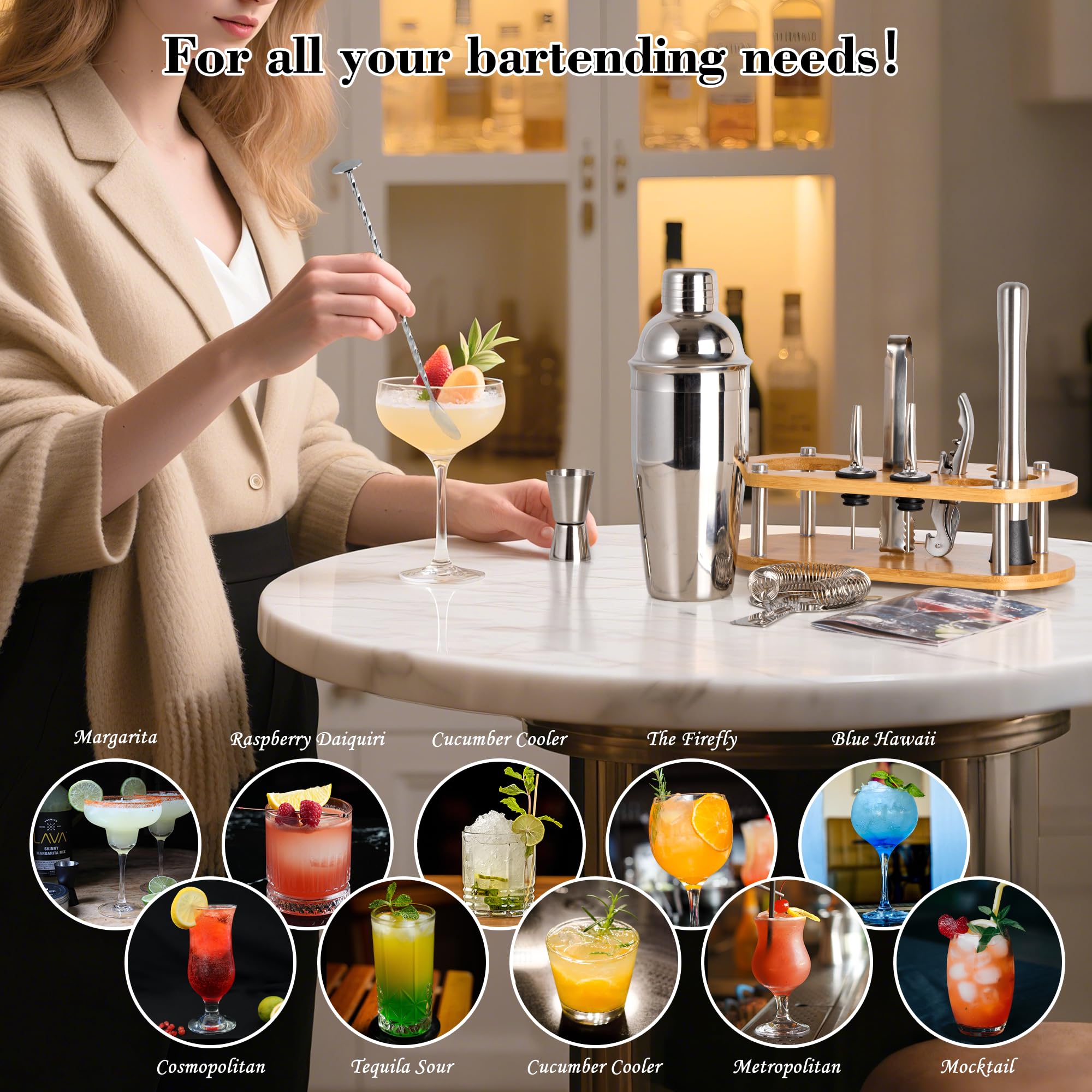 Set di shaker per cocktail da barista, 11 pezzi, con supporto in bambù e tutti gli accessori da bar: shaker Martini, colino, misurino, pestello, cucchiaio miscelatore, kit da bar, casa e feste