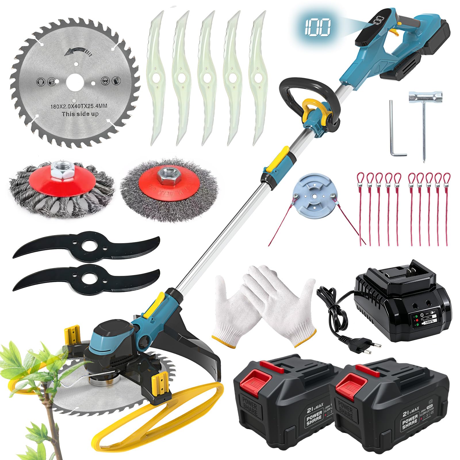 Rasentrimmer mit Akku, Akku Rasentrimmer für Makita-Akkus mit 5 Klingentypen, 21V Rasentrimmer mit Unkrautbürste, mit 2X4.0Ah Akku Freischneider, Tap&Go M10 x 1,25, für Garden Trimmen