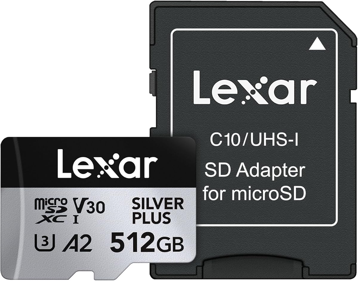 Lexar 512GB Professional Silver Plus Micro SD Card, UHS-I, C10, U3, V30, Full HD & 4K, Up to 205/150 MB/s microSDXC Memory Card, for Videographers, Gamers (LMSSIPL512G-BNANU)