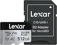 Lexar Cartão micro SD 512GB Professional Silver Plus, UHS-I, C10, U3, V30, Full HD e 4K, cartão de memória microSDXC de até 205/150 MB/s, para videógrafos, jogadores (LMSSIPL512G-BNANU)