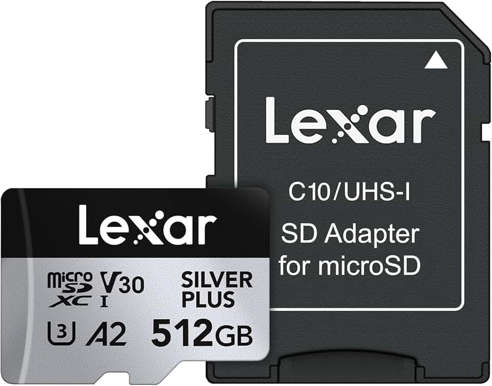 Lexar Cartão micro SD 512GB Professional Silver Plus, UHS-I, C10, U3, V30, Full HD e 4K, cartão de memória microSDXC de até 205/150 MB/s, para videógrafos, jogadores (LMSSIPL512G-BNANU)