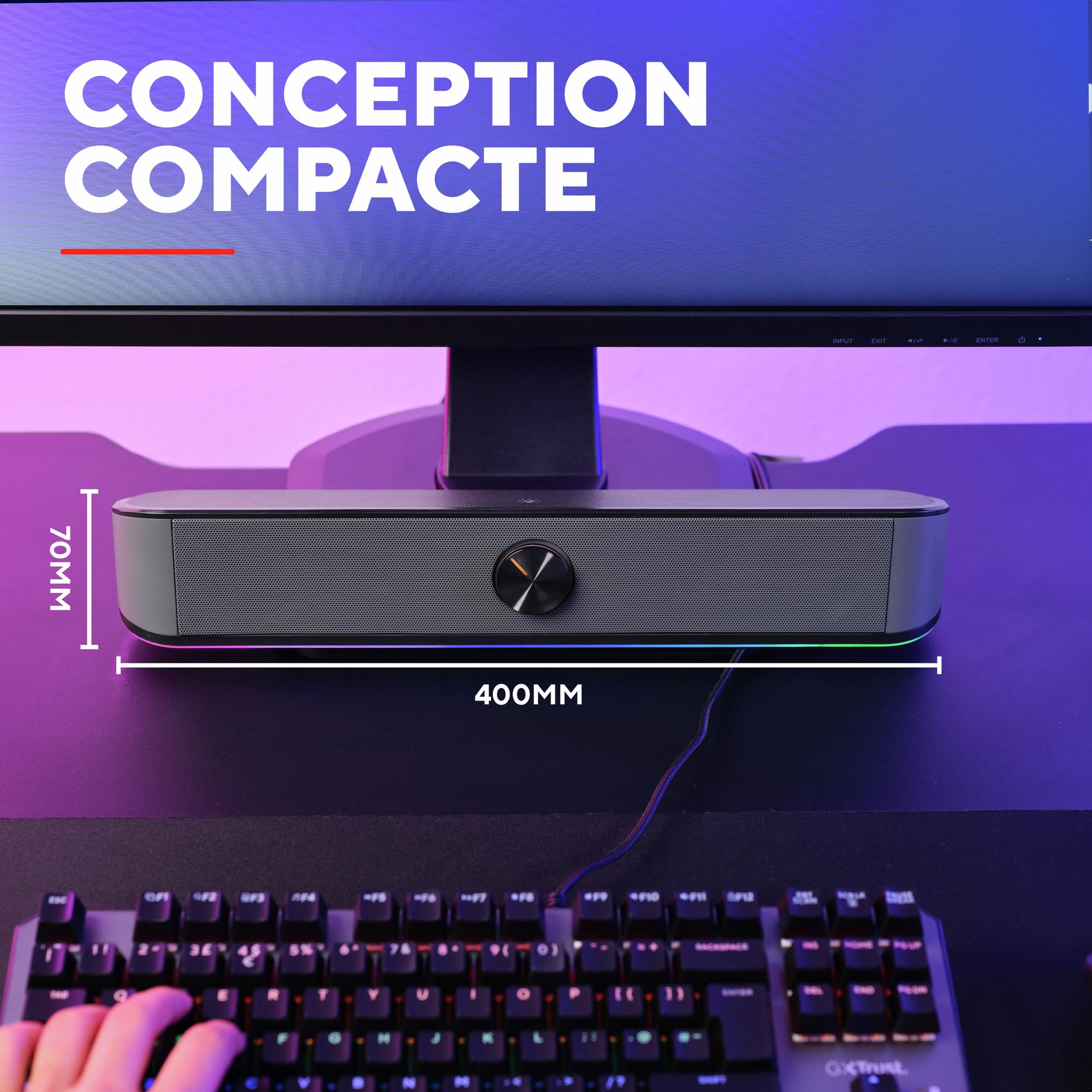 Trust Gaming GXT 1619 Rhox Barre de Son RGB 12W (6W RMS), Enceinte PC Stéréo Alimentation USB, Format Compact, Câble AUX 3.5 mm, Haut Parleur 2.0 pour Ordinateur Portable TV - Gris