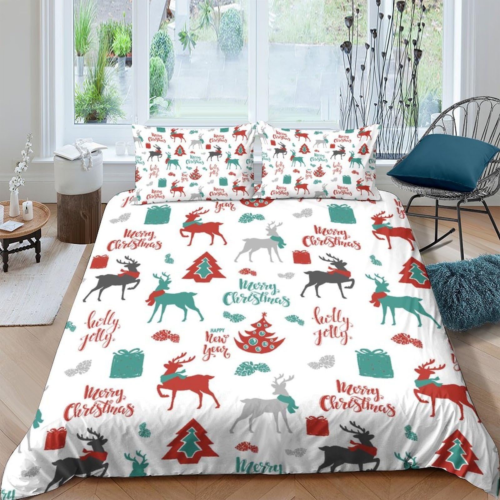 P5V6M1Q9 3D Printed Christmas Reindeer Duvet Cover Set Microfiber Soft Breathable Christmas Tree Bedding Set with 2 Pillowcases for Bedroom Decor Single（135x200cm）