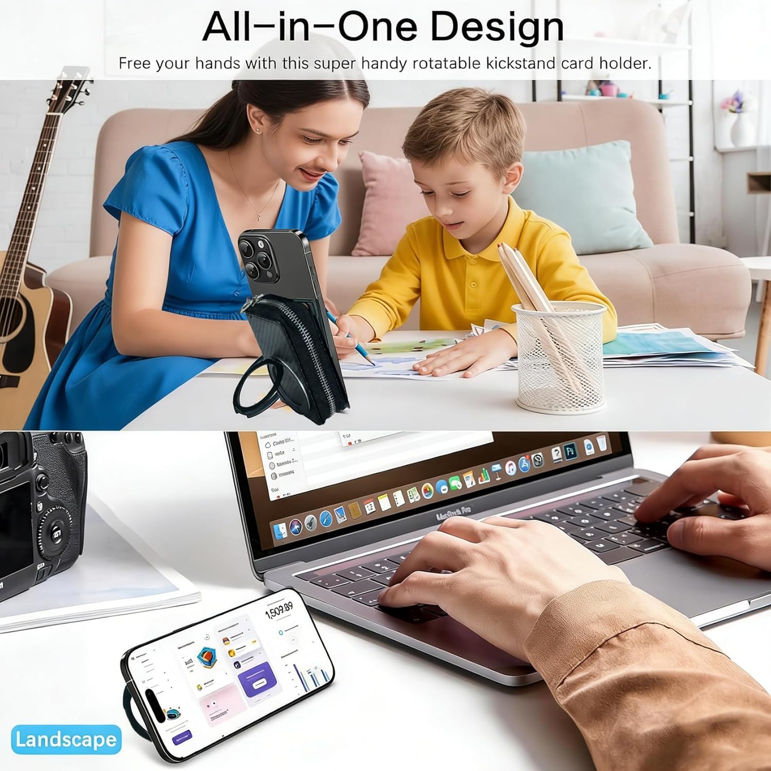 Strong Magnetic for MagSafe Wallet Organizer Pouch with Phone Lanyard & Stand, Carbon Fiber Leather Zipper Pocket Card Slot 360° Rotatable Kickstand Large Capacity for Earpod/Samll Earphones/Keys