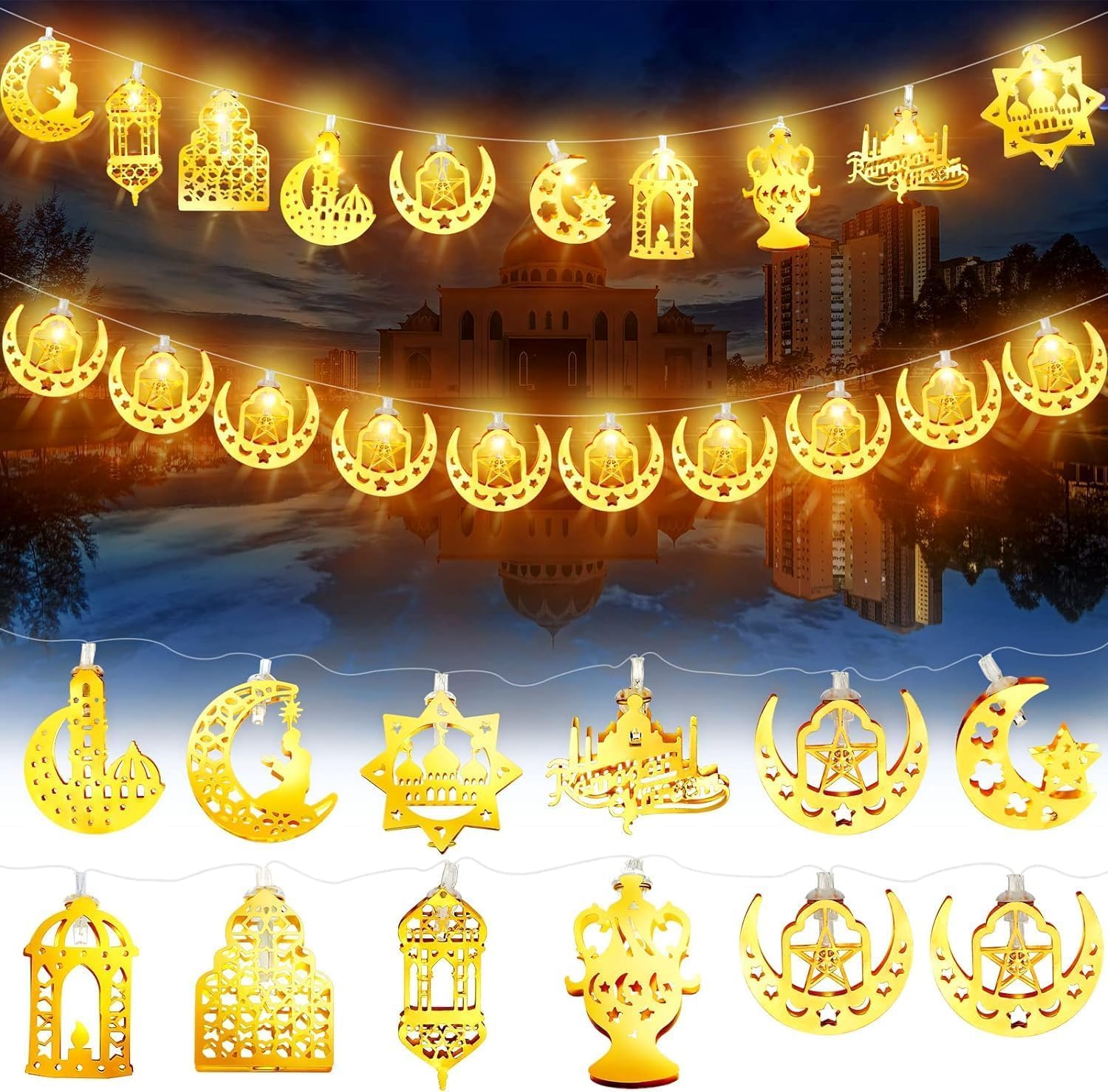 Yoawllty 2Pcs Ramadan Star Moon Lights 6.56Ft 10 LED With Battery Case Indoor Twinkle Decorations for Home Bedroom