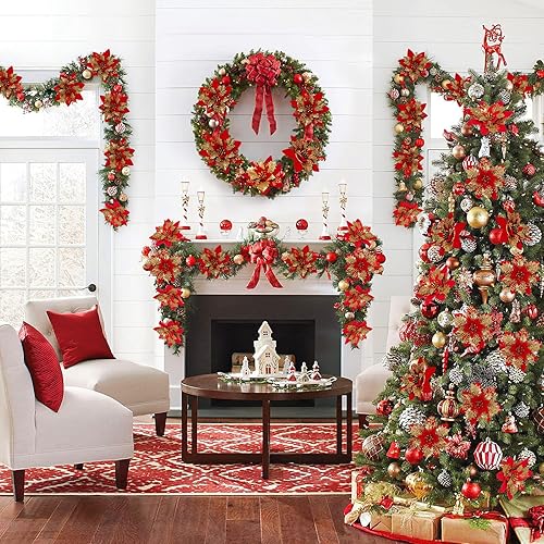 Miniatura 3 de Beferr Decoración para árbol de Navidad, 18 piezas de flores de Pascua artificiales de 5.5 pulgadas, palillos de flores de Navidad con clips,