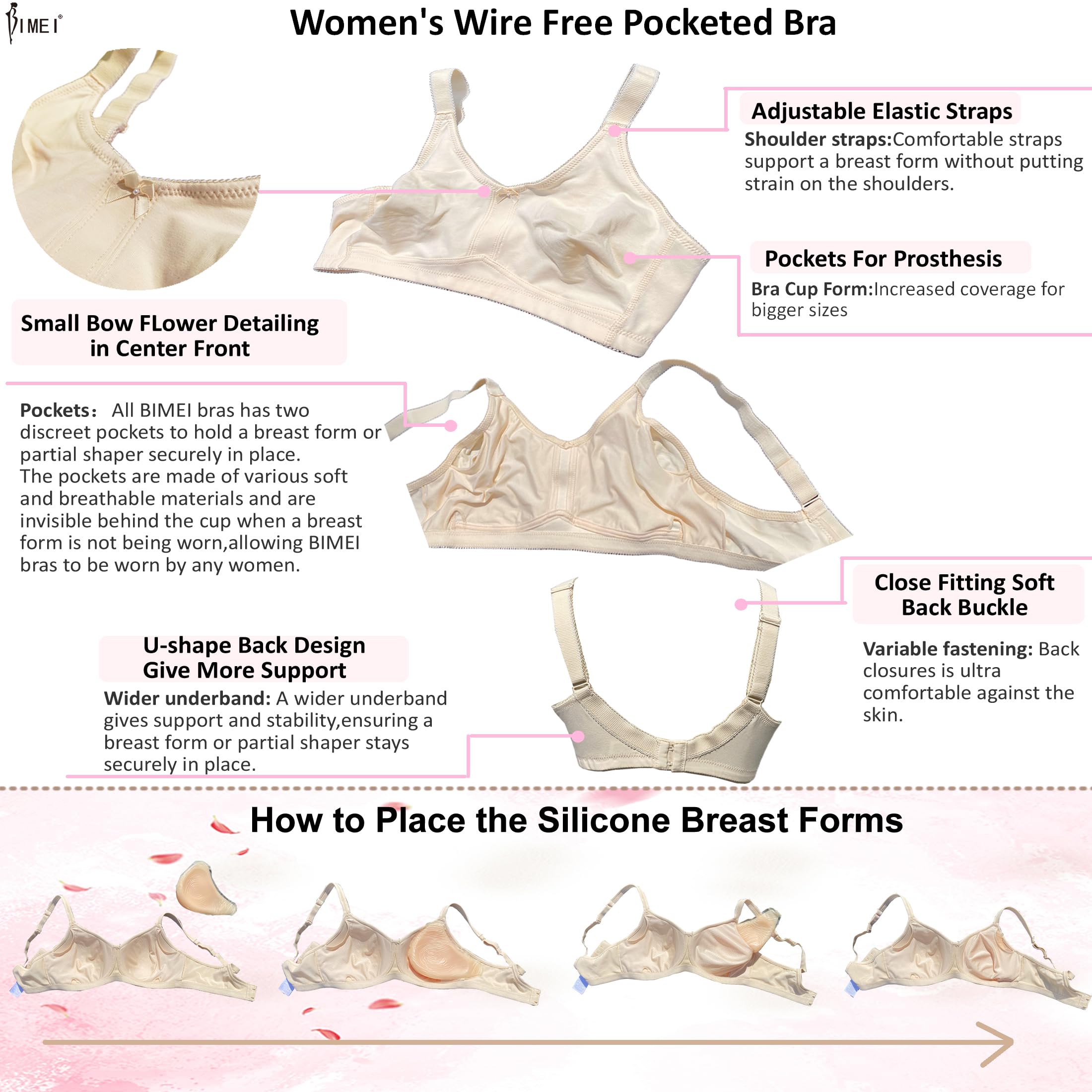 BIMEI Reggiseno per mastectomia con tasche per protesi mammaria senza ferretto reggiseno per tutti i giorni taglie forti - F22