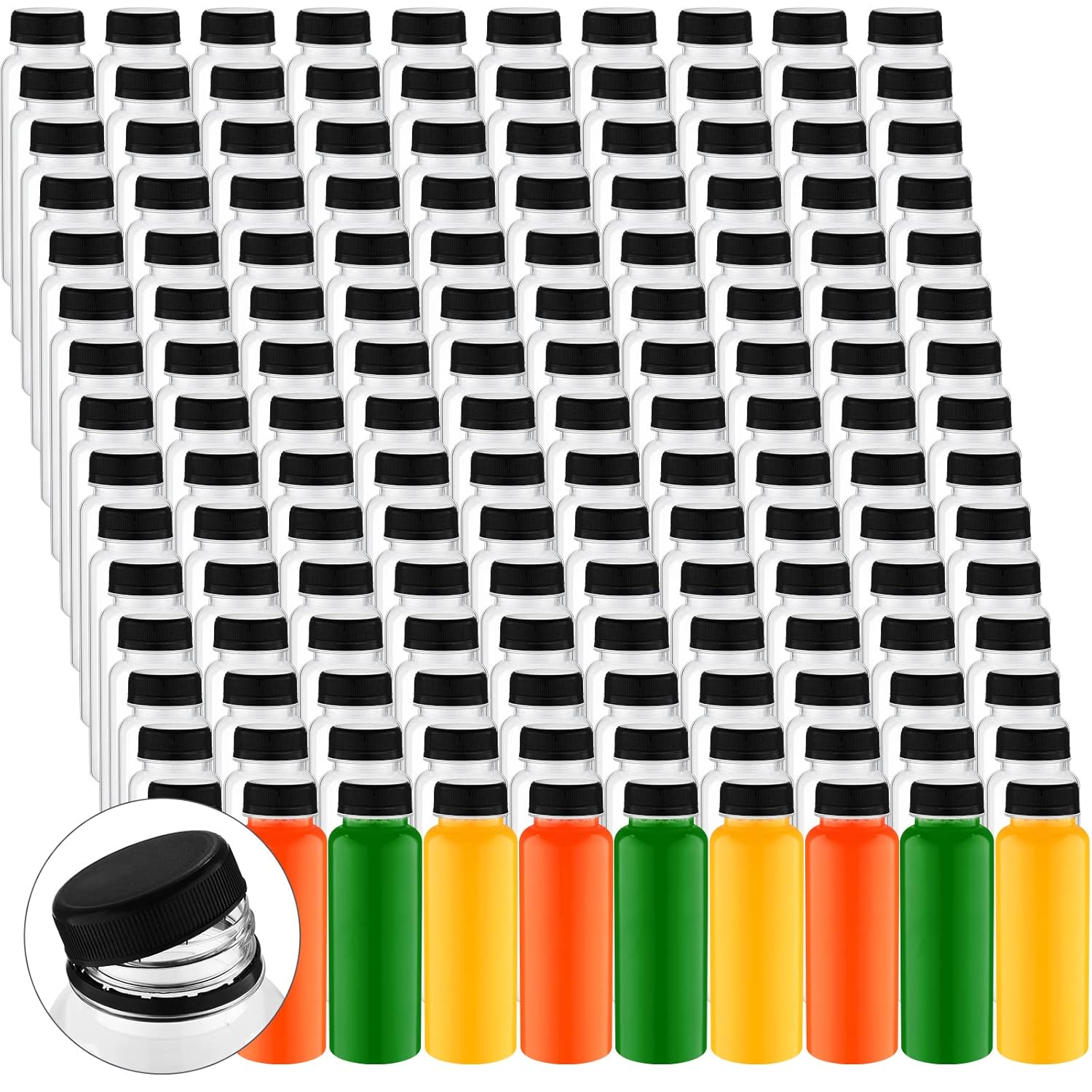 Tanlade 200 Pack Plastic Juice Bottles with Caps Clear Reusable Drink Containers with Caps Empty PET Beverages Bottles Bulk for Juicing Smoothies Drinking Beverages Fridge (Black, 8 OZ)