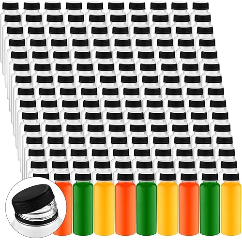 Tanlade Paquete de 200 botellas de plástico para jugos con tapas, recipientes transparentes reutilizables para bebidas con tapas, botellas vacías de