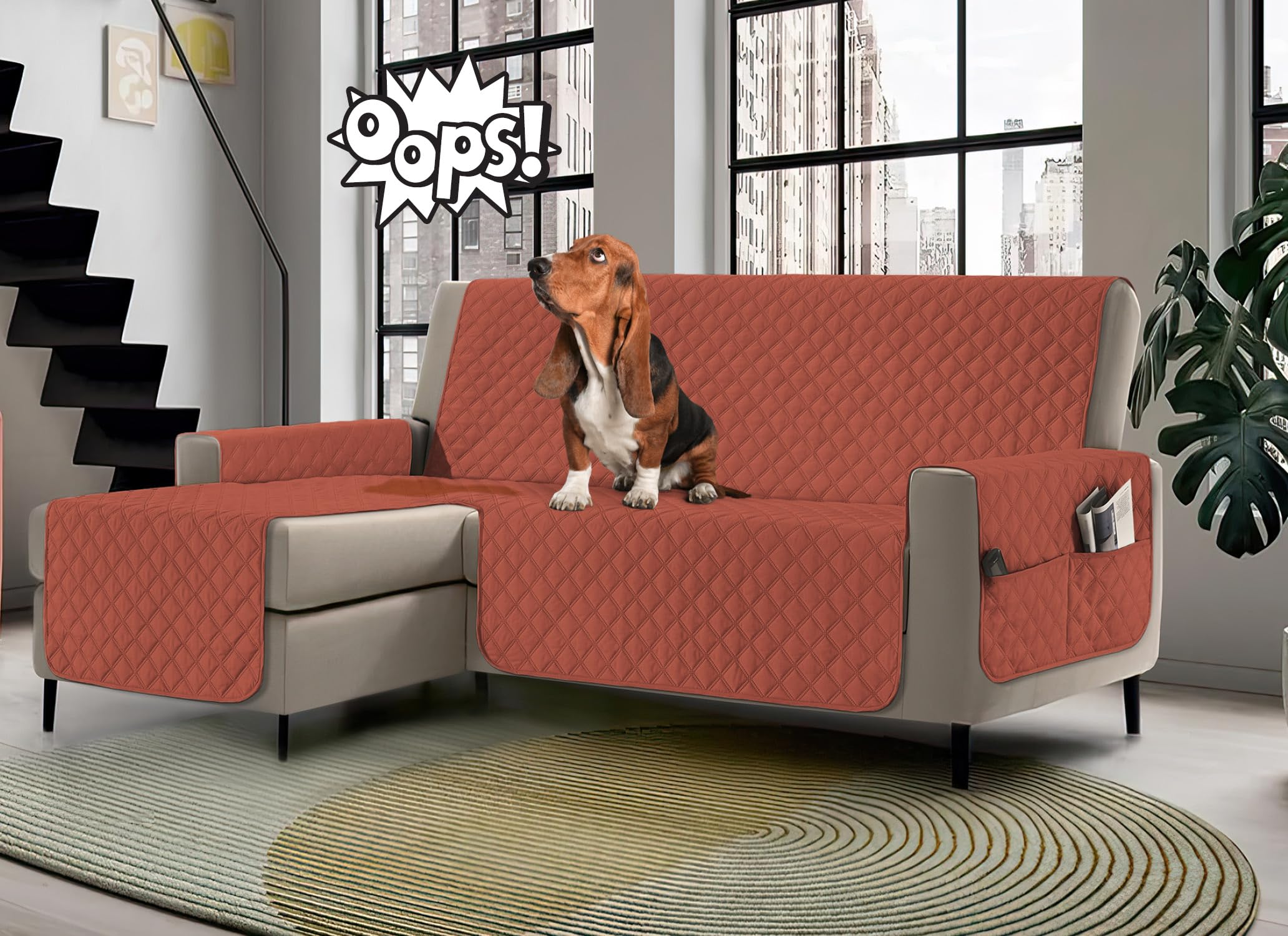 Banzaii - Funda para sofá con Chaise Longue Impermeable de 3 plazas, Acolchada, Reversible, con Bolsillos de Almacenamiento, Color Óxido con Chaise Longue Derecha/Izquierda