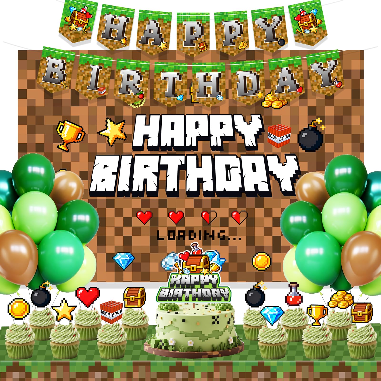 Pixel Game Birthday Party Decoration Supplies with Happy Birthday Banner, Backdrop, Latex Balloons,Cake & Cupcake Toppers for Miner Pixel Gamer birthday Decor