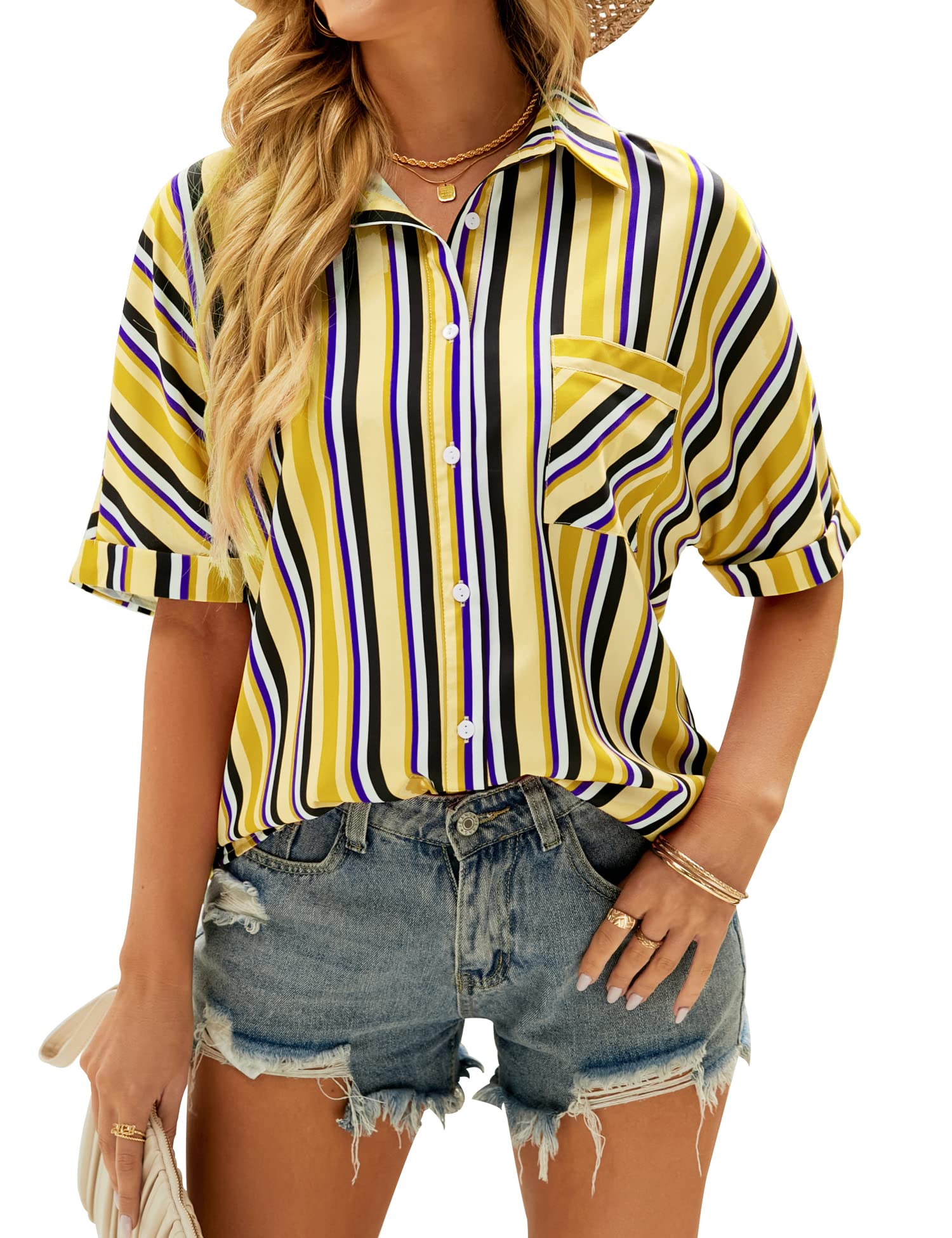 Women Short Sleeve Button Down Shirts V Neck Stripe Blouses Casual Top with Pocket