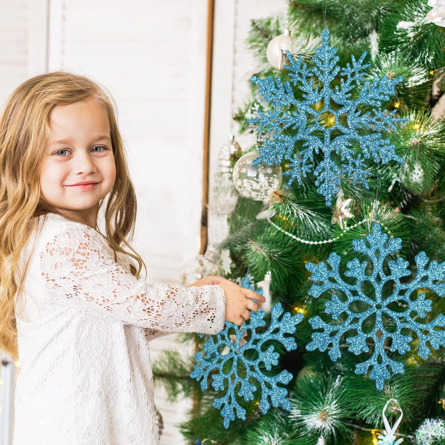 6pcs Large Snowflakes Ornaments Blue 12” Big Plastic Glitter Snowflake for Winter Indoor Outdoor Christmas Tree Window Room Decorations Giant Craft Snowflakes - Image 4