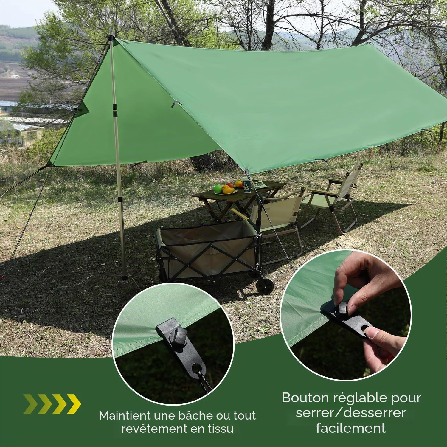 Bâche imperméable 3x3 - Bâche de camping ultra légère avec 19 œillets, goupilles en aluminium, cordes en nylon, clips pour tente, anti UV, neige et pluie pour camping