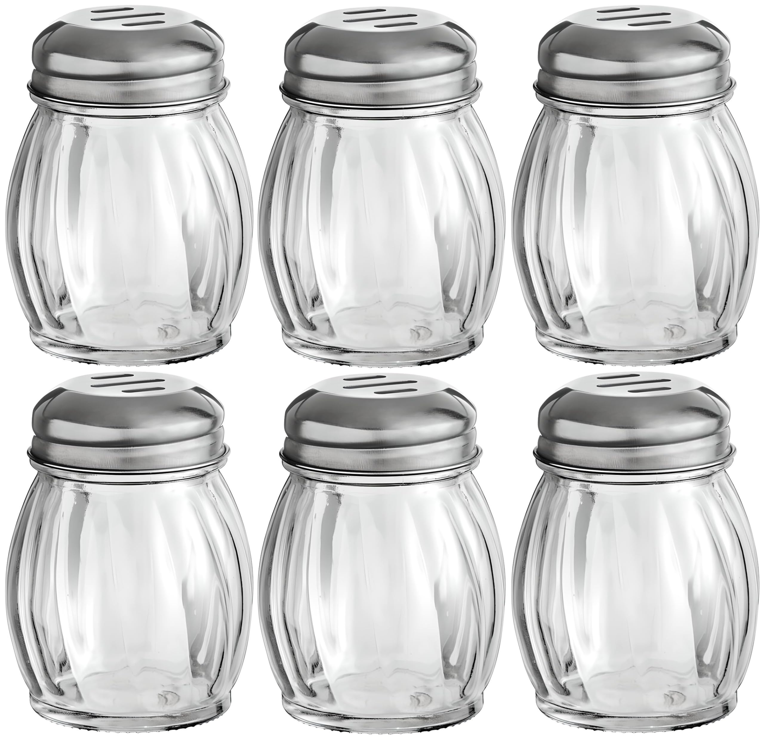 OCS Parts 3.5-Inch Glass Shakers with Chrome Plated Slotted Lids | 6-Pack | Grated Cheese, Chili and Red Pepper Shaker for Home Kitchens, Delis,
