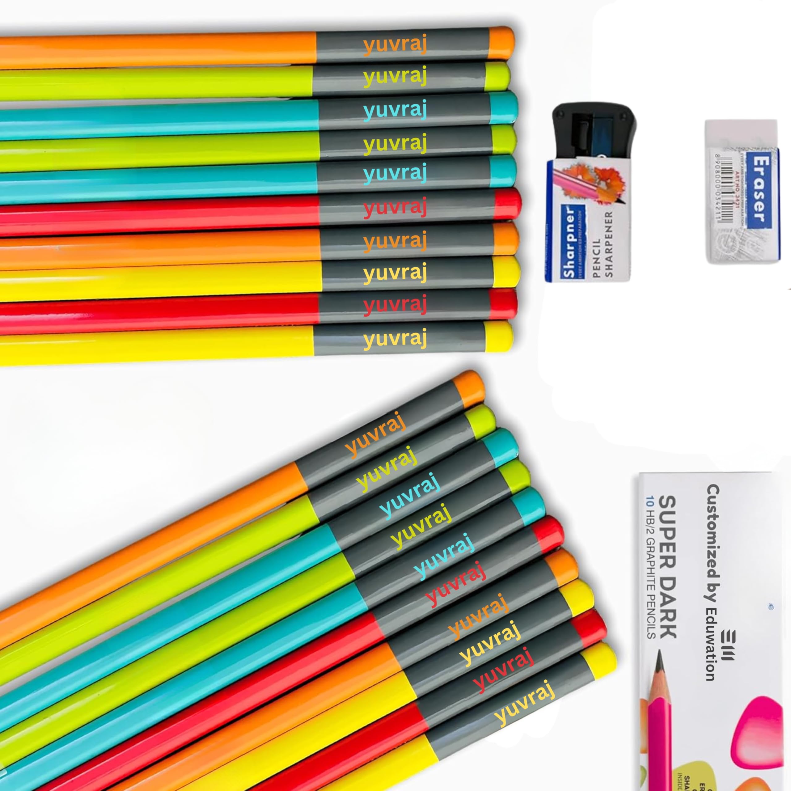 Name Pencil box for Kids, 20 Pieces with Free Eraser and Sharpener, for School, Writing, Birthday and Return Gifts stationary items customised colour pencil set name engraved on all pencil-image-22