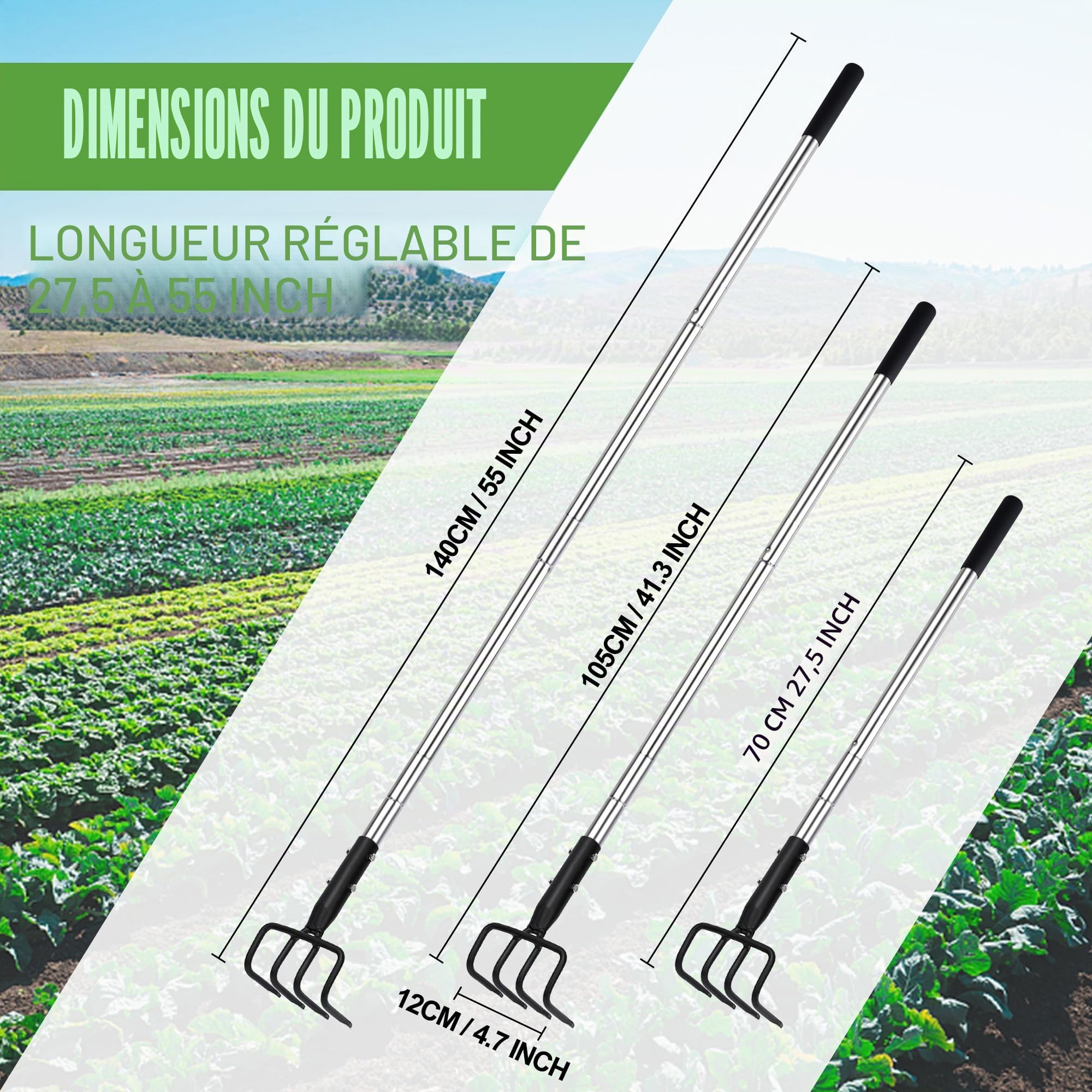 BARAYSTUS Râteau à griffes de jardin et cultivateur à 4 dents avec longue poignée réglable pour l'aération du sol, creuser et désherber