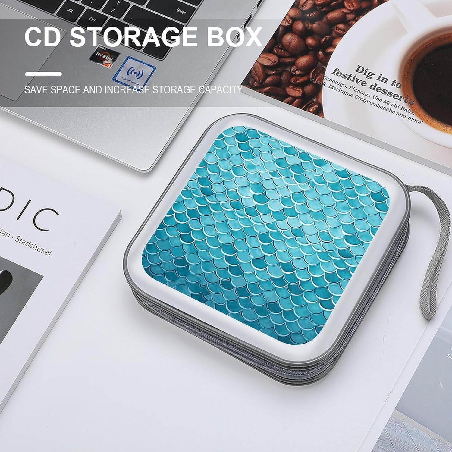 Blue Waves Squama Mermaid Scale CD Case,Hard Plastic CD Storage,Portable DVD Wallet,Portable DVD, Holder VCD Organizer Wallet,Protective VCD Storage