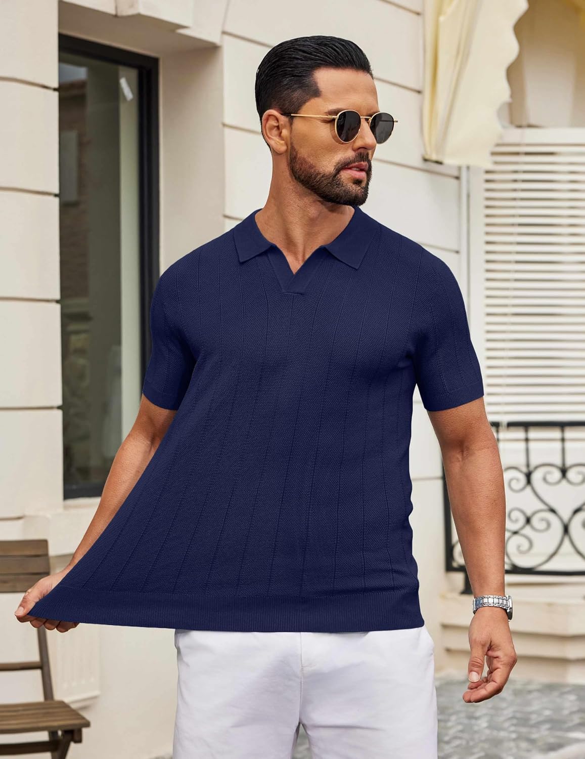 COOFANDY Mens Knit Polo Shirts V Neck Short Sleeve Ribbed Textured Polo Shirt Stretch Casual Golf Shirts Collared T Shirt