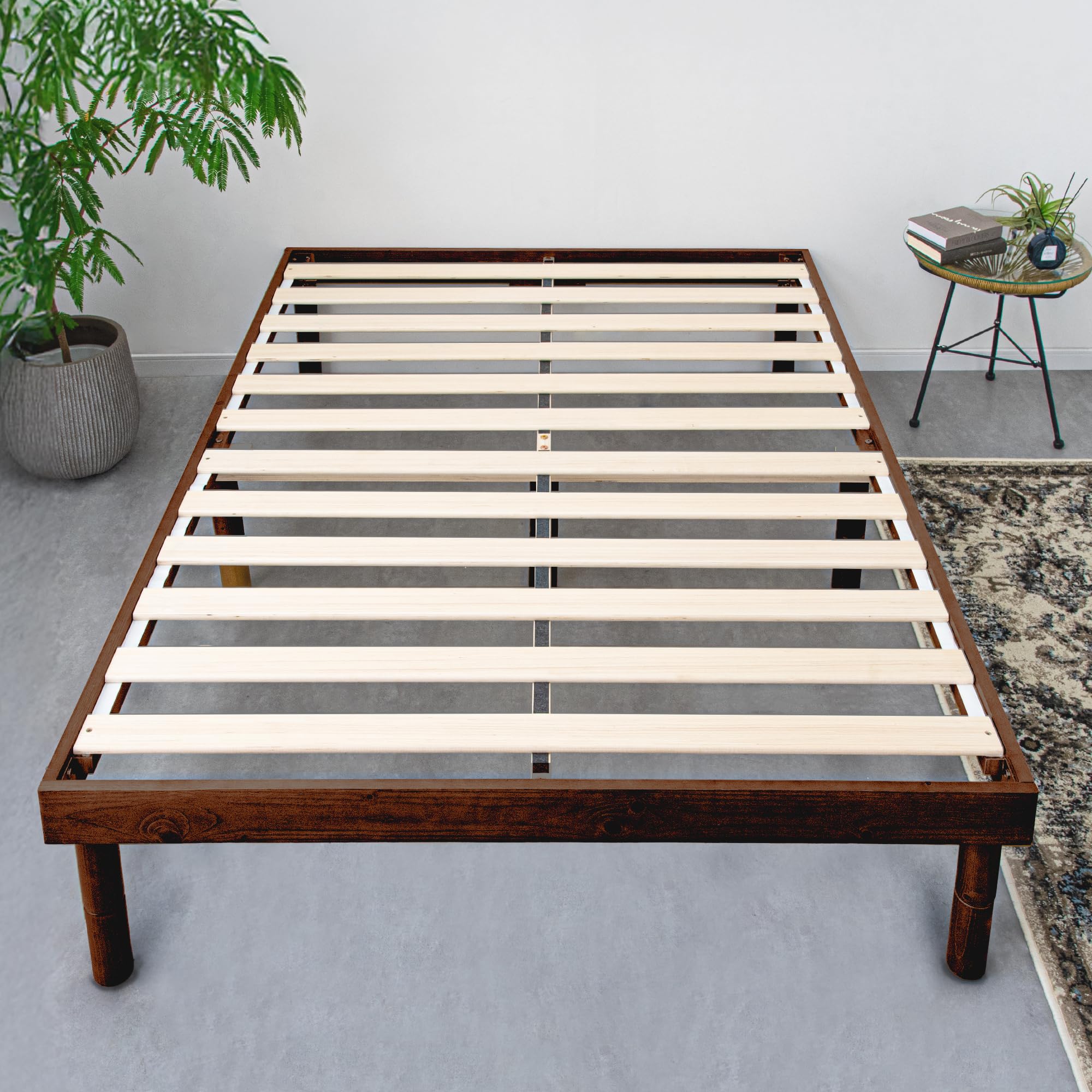 ?????? Tansu no Gen Queen Bed Frame, Solid Nordic Pine Wood, No Box Spring Needed, 10 Inch Underbed Space, Easy Assembly, Dark Brown, 49600322(101522)